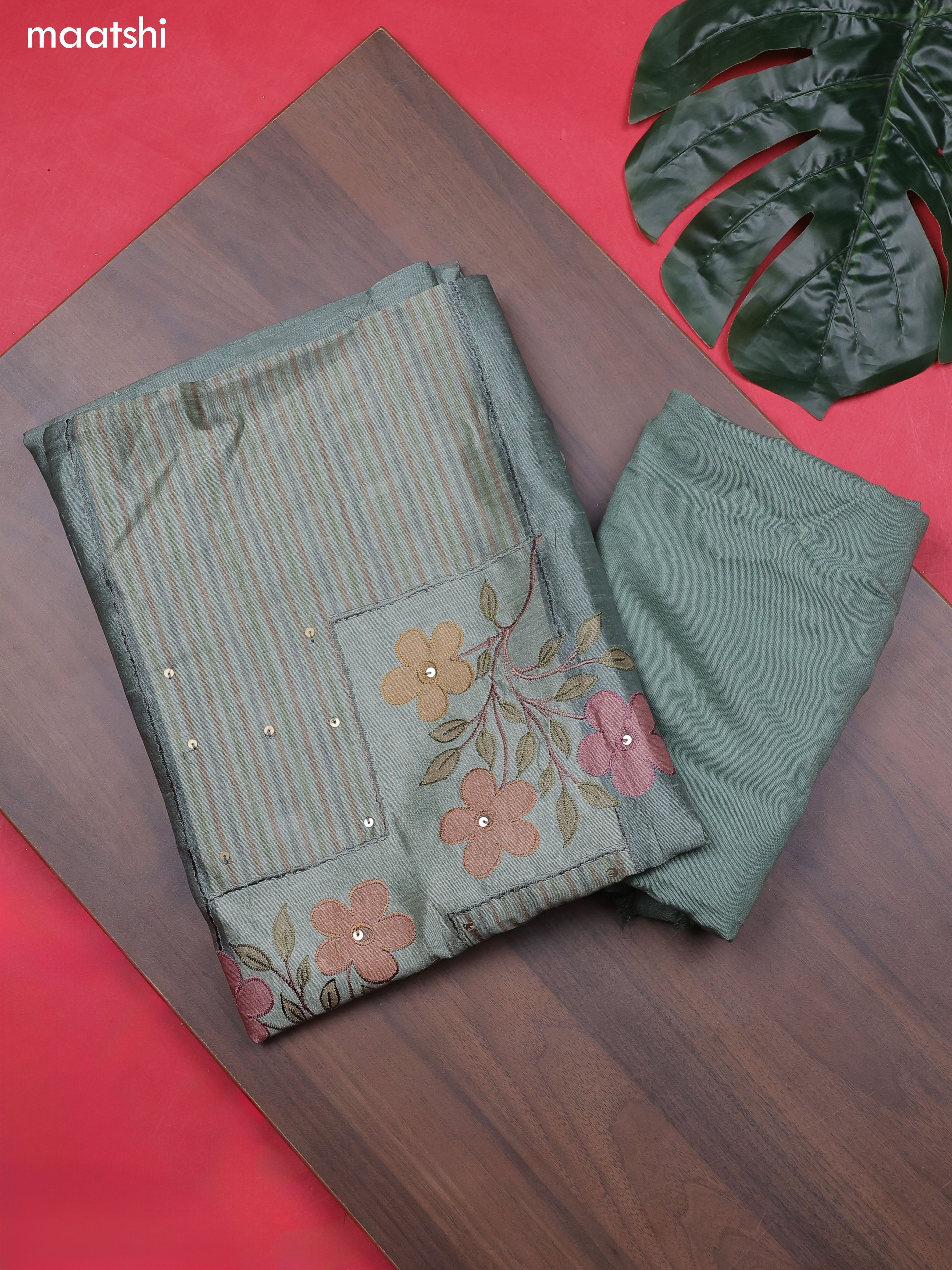 Pastel Green Chanderi Dress Material With Patch Work Neck Pattern