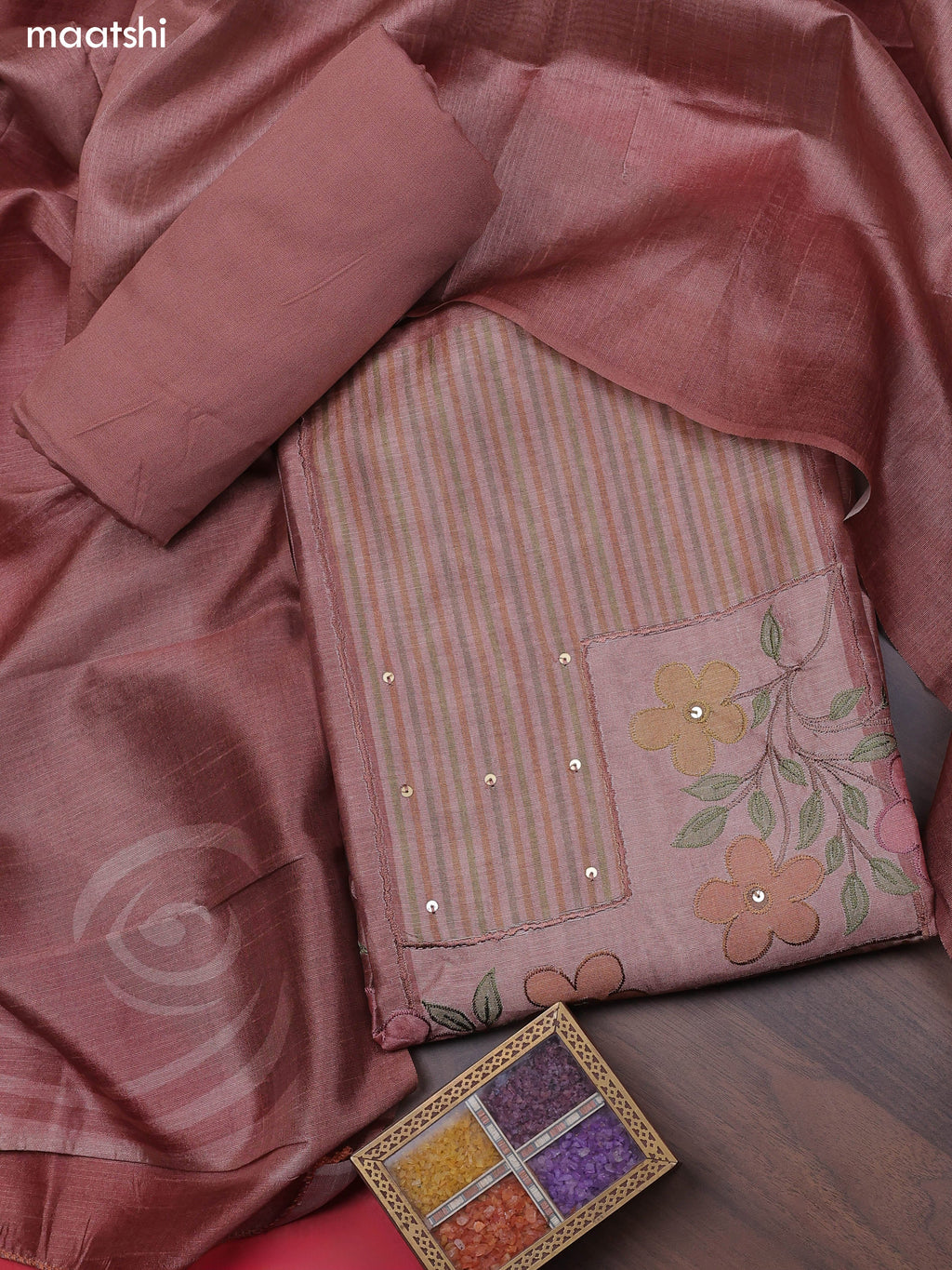 Dark Peach Chanderi Dress Material With Patch Work Neck Pattern