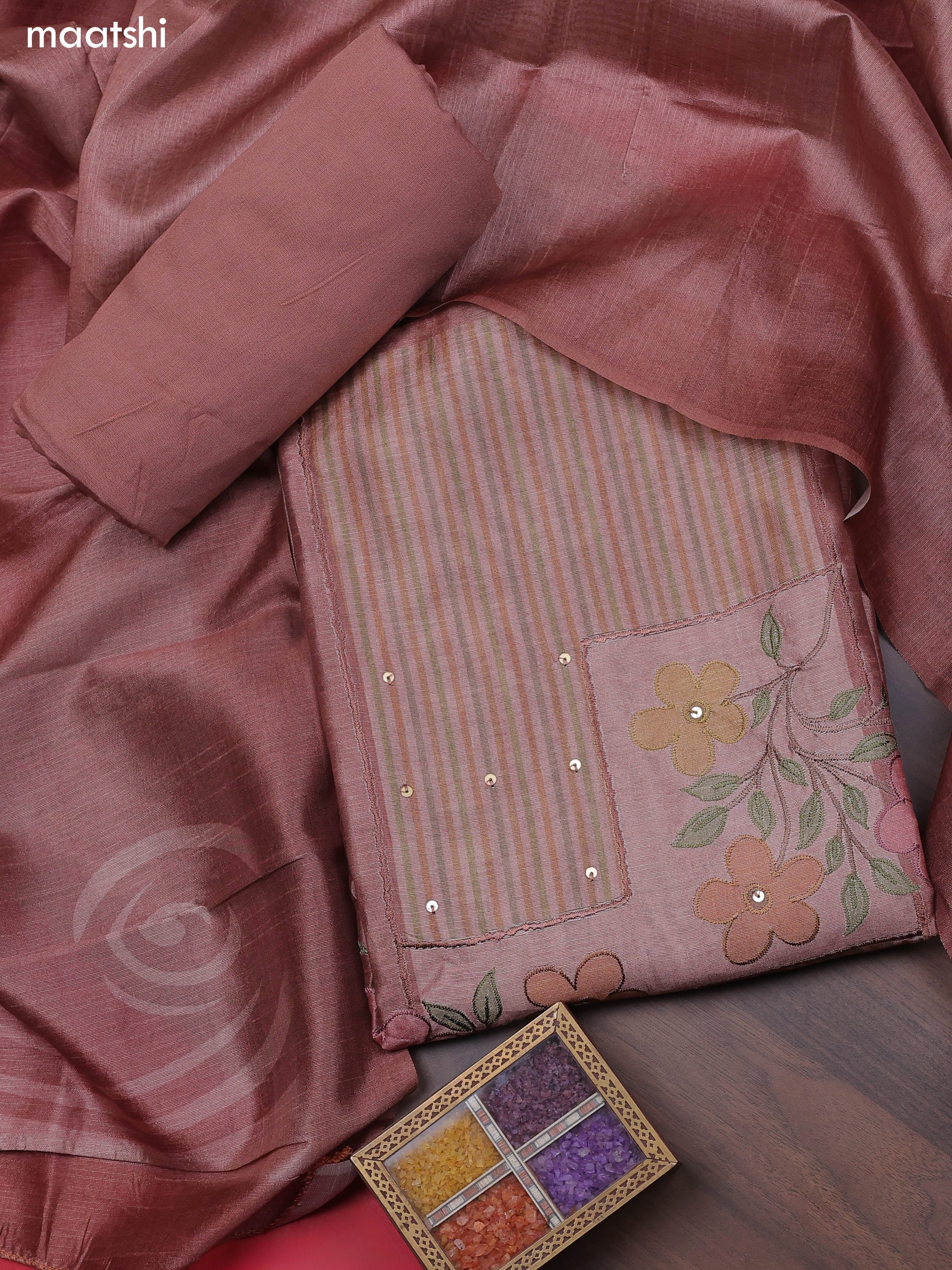 Dark Peach Chanderi Dress Material With Patch Work Neck Pattern