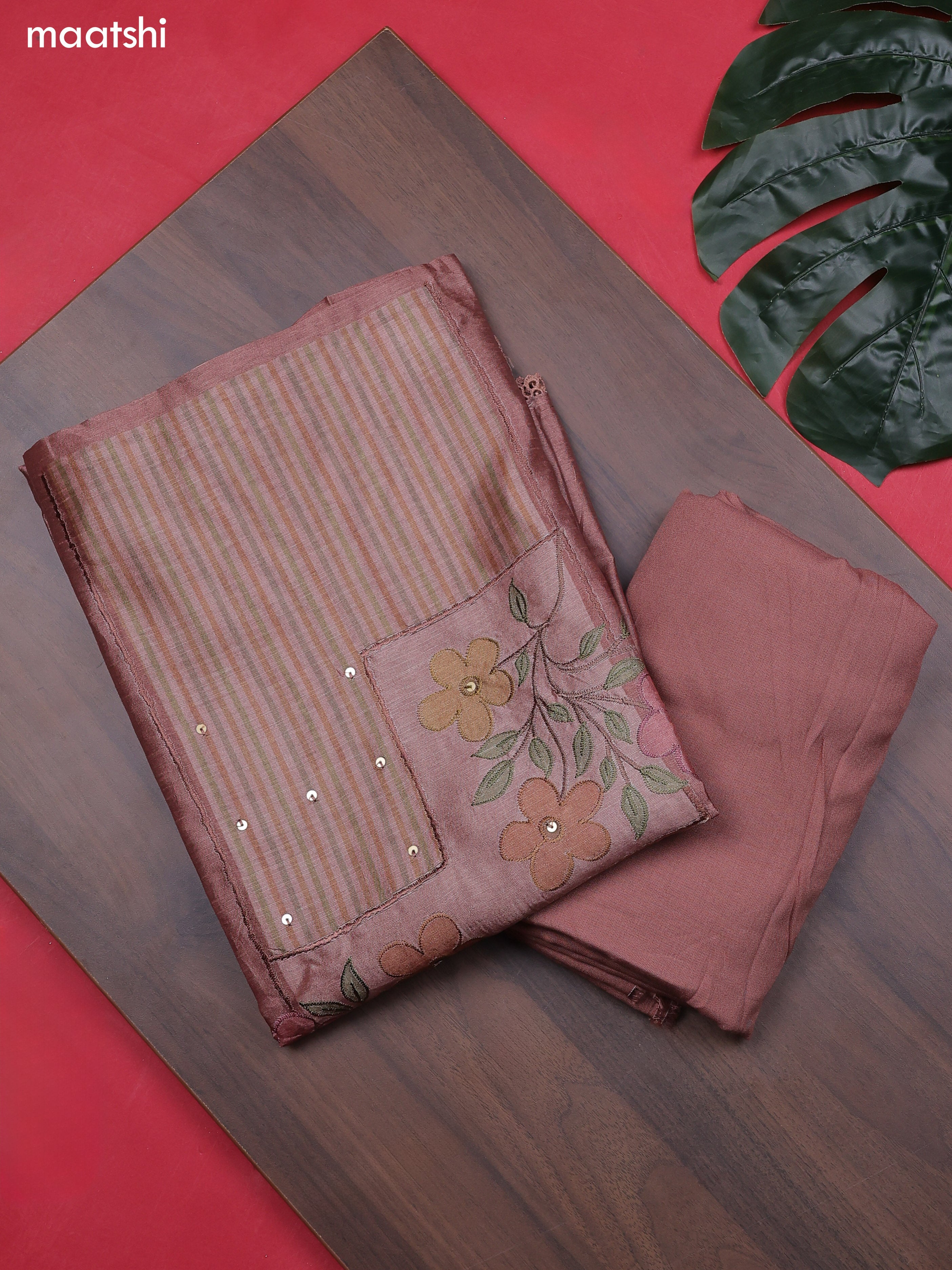 Dark Peach Chanderi Dress Material With Patch Work Neck Pattern