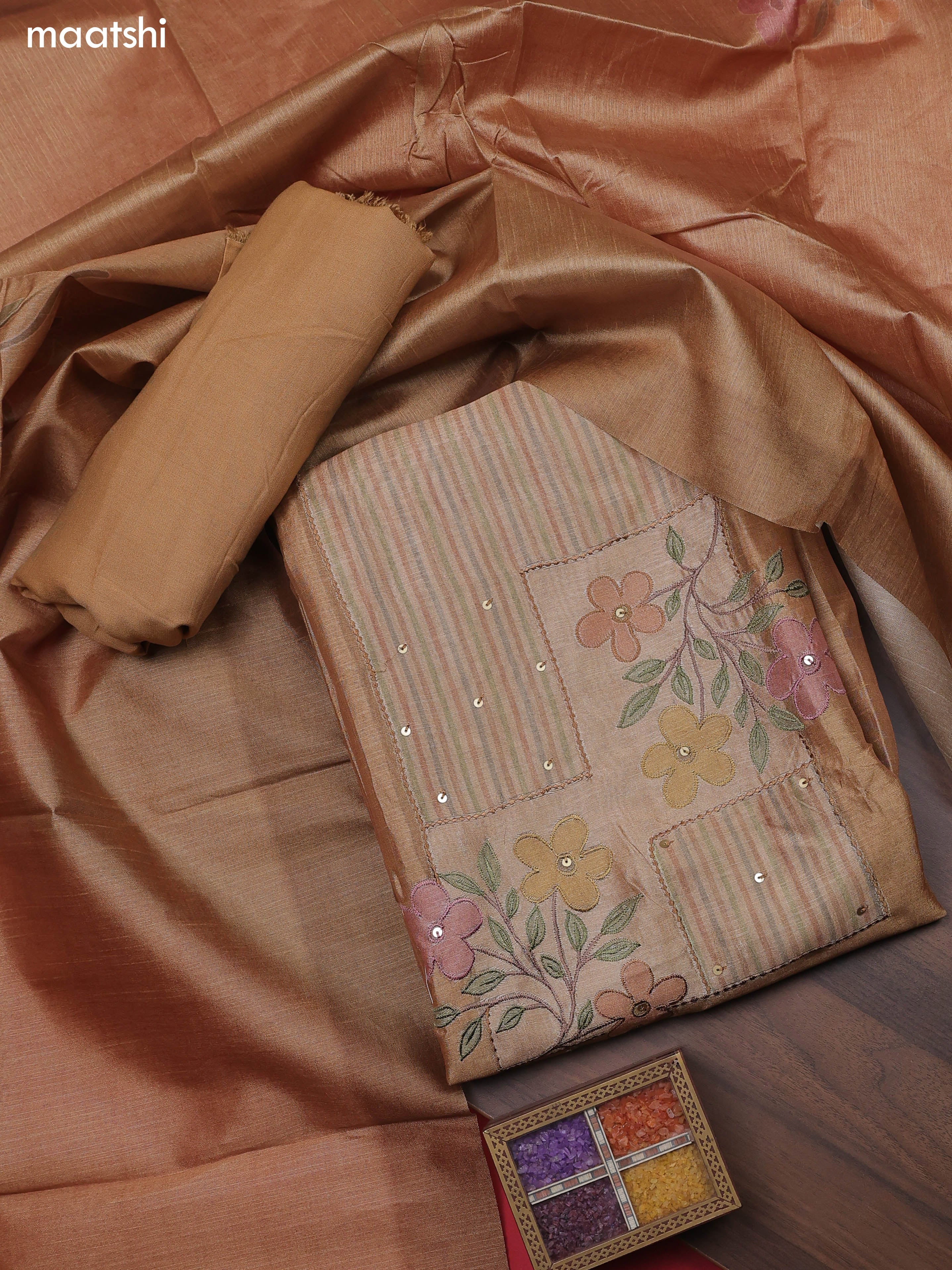 Pastel Grey Chanderi Dress Material With Patch Work Neck Pattern