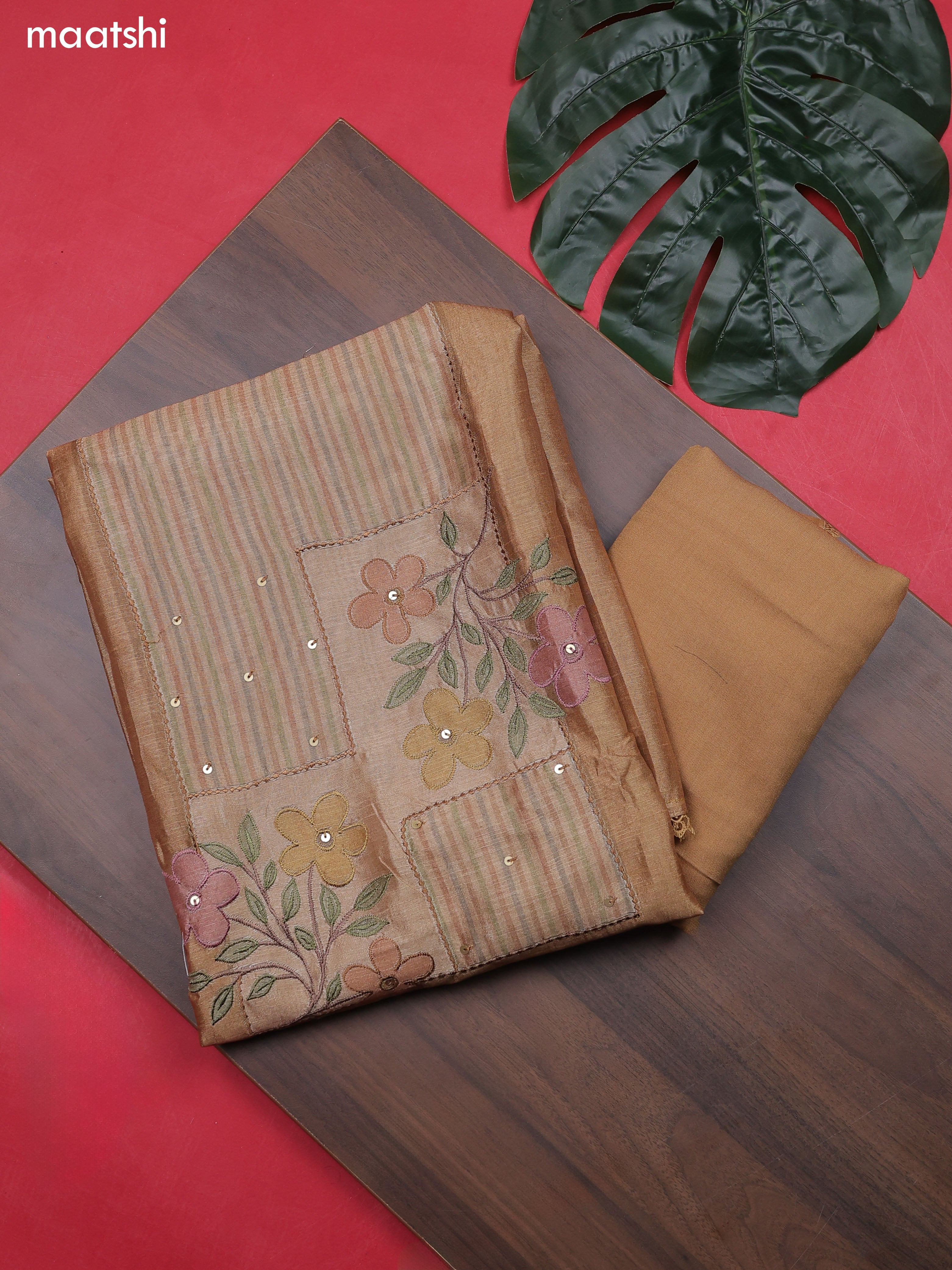 Pastel Grey Chanderi Dress Material With Patch Work Neck Pattern