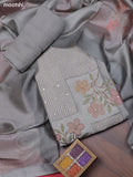 Grey Chanderi Dress Material With Patch Work Neck Pattern