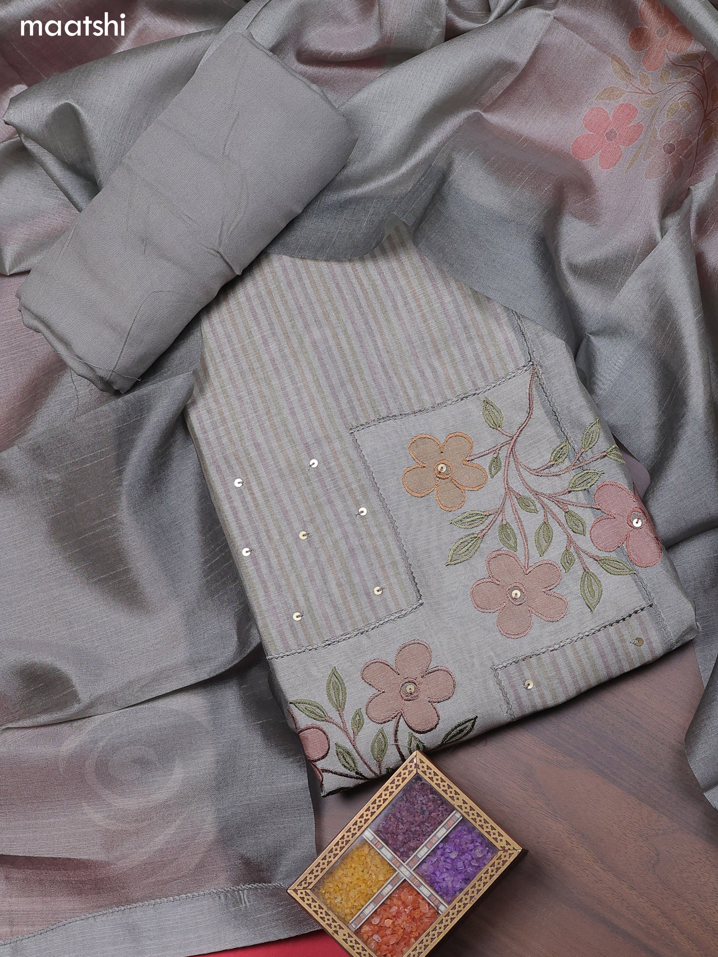 Grey Chanderi Dress Material With Patch Work Neck Pattern