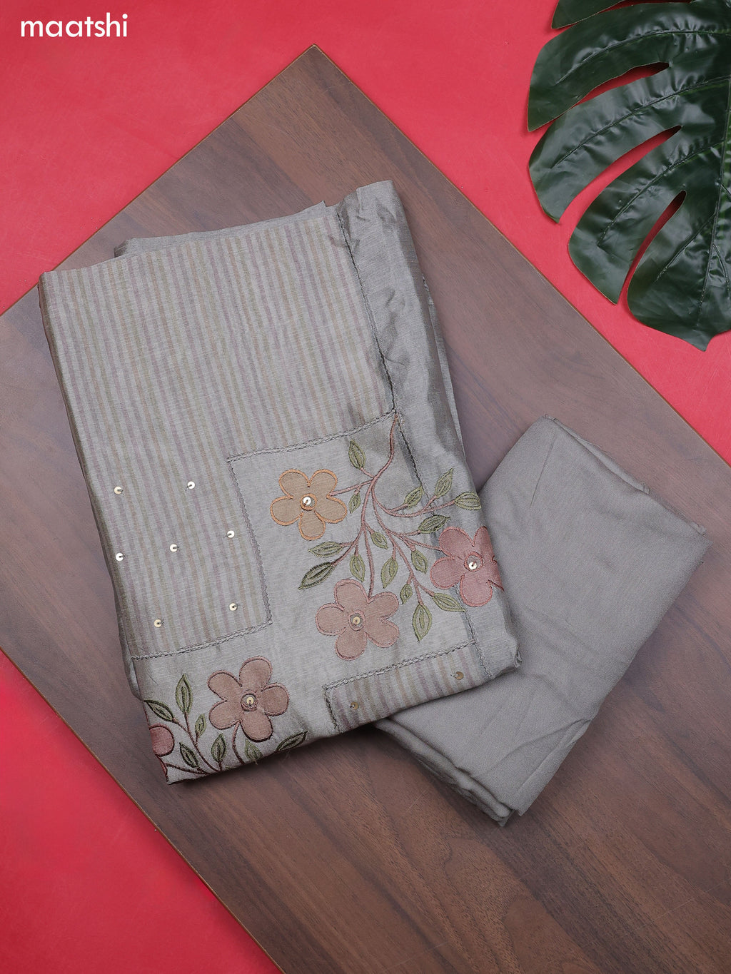 Grey Chanderi Dress Material With Patch Work Neck Pattern