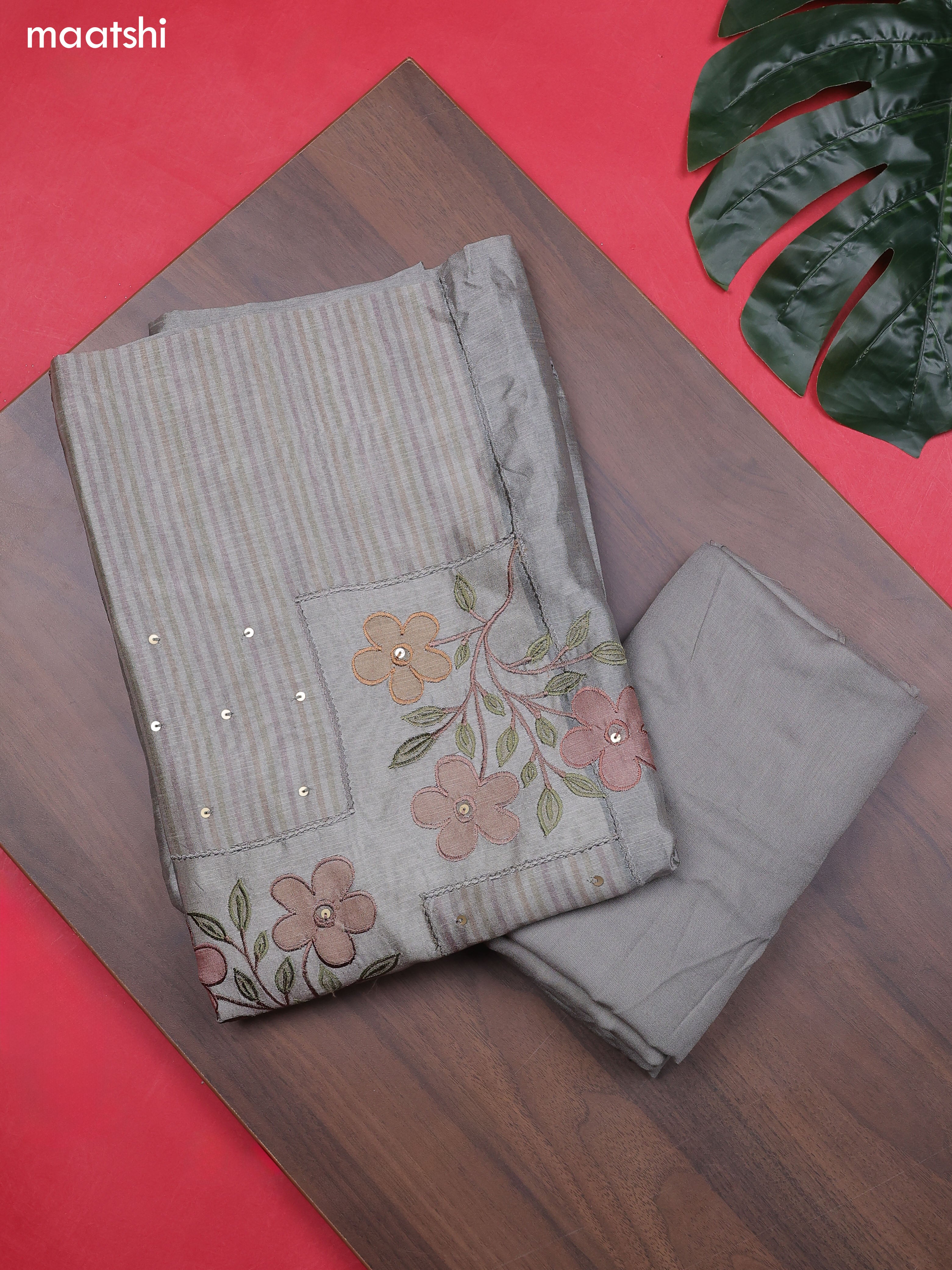 Grey Chanderi Dress Material With Patch Work Neck Pattern