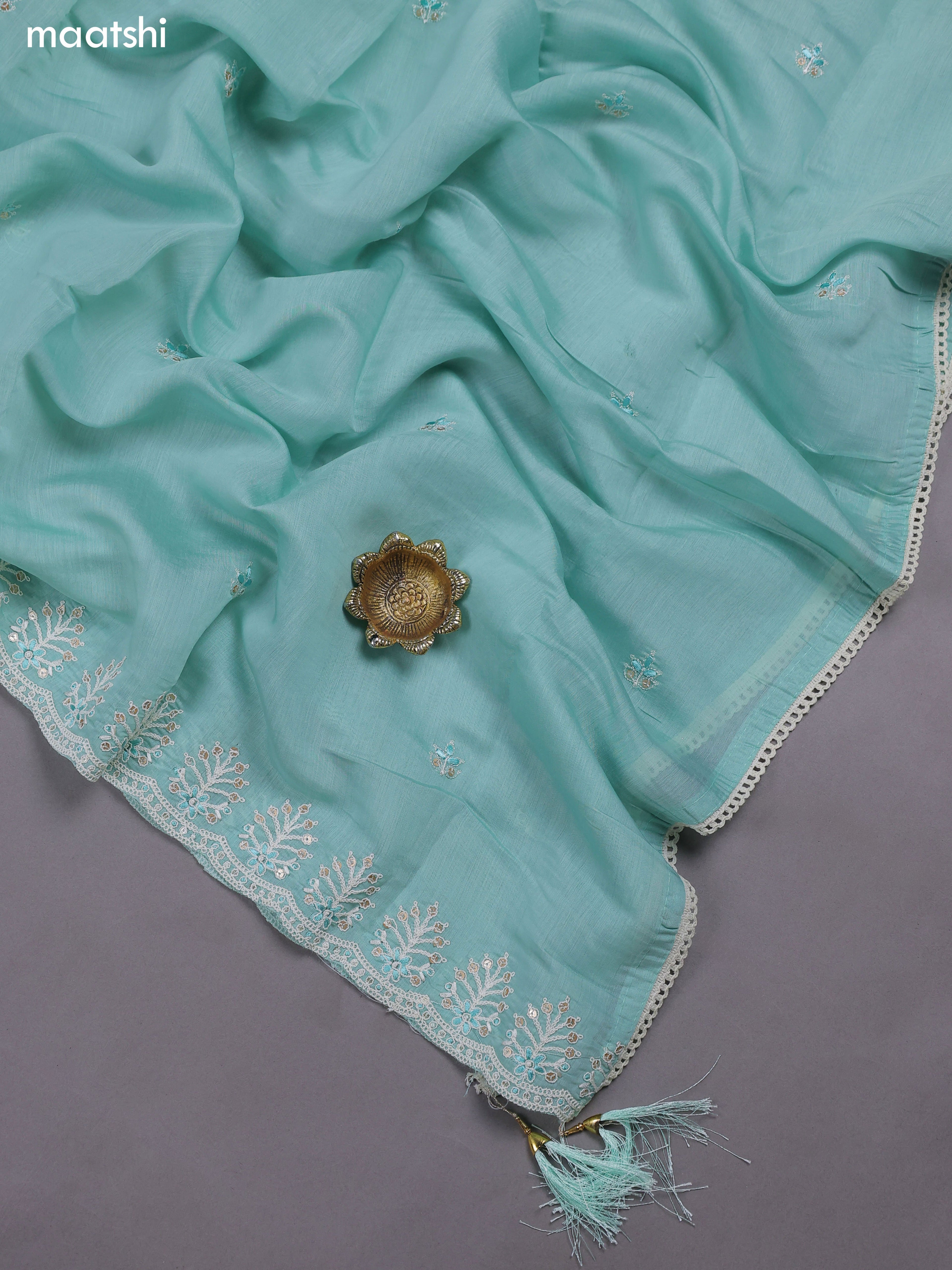 Teal Blue Mul Chanderi Dress Materials With Floral Embroidery Work Neck Pattern