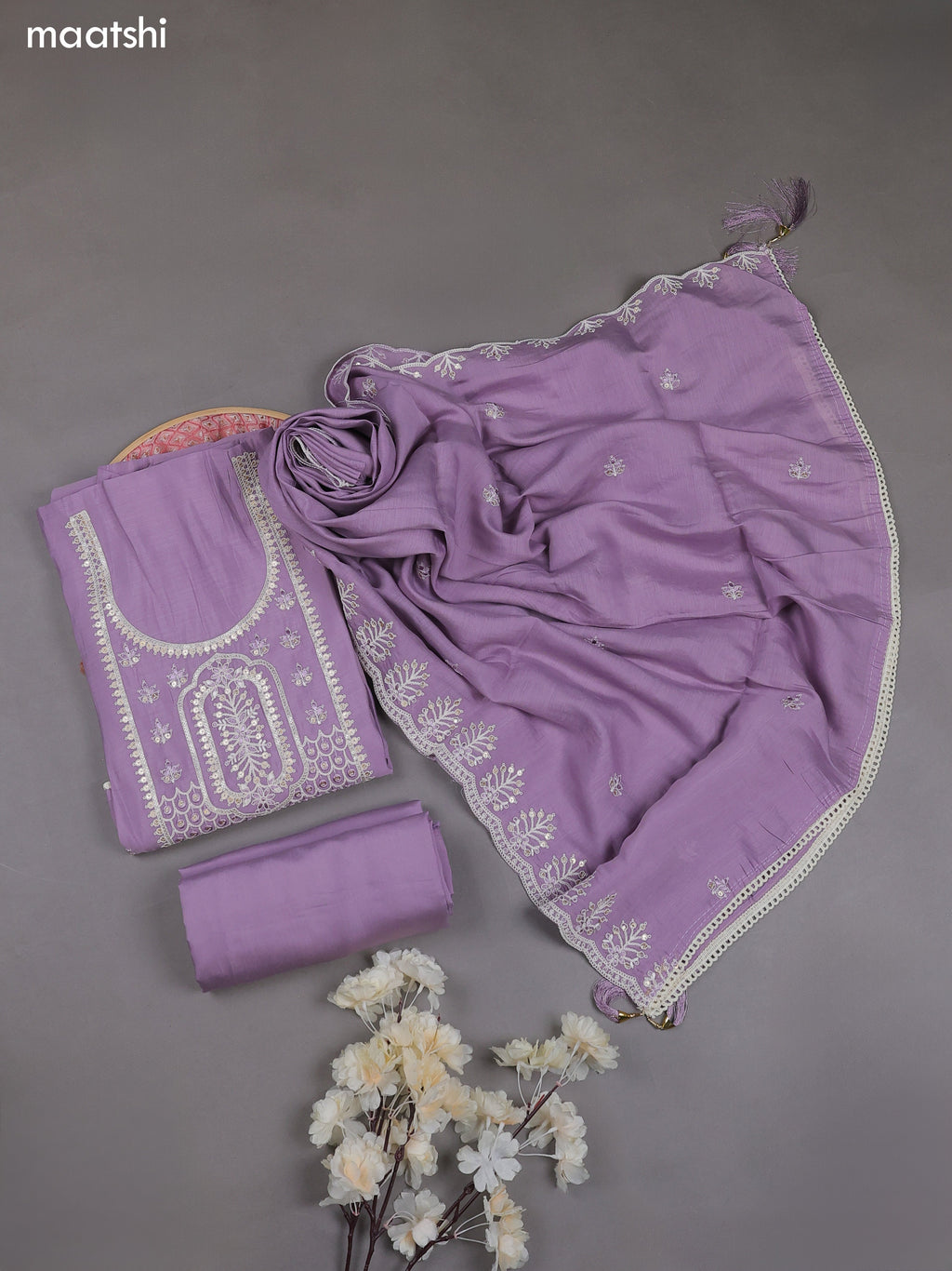 Lavender Mul Chanderi Dress Materials With Floral Embroidery Work Neck Pattern