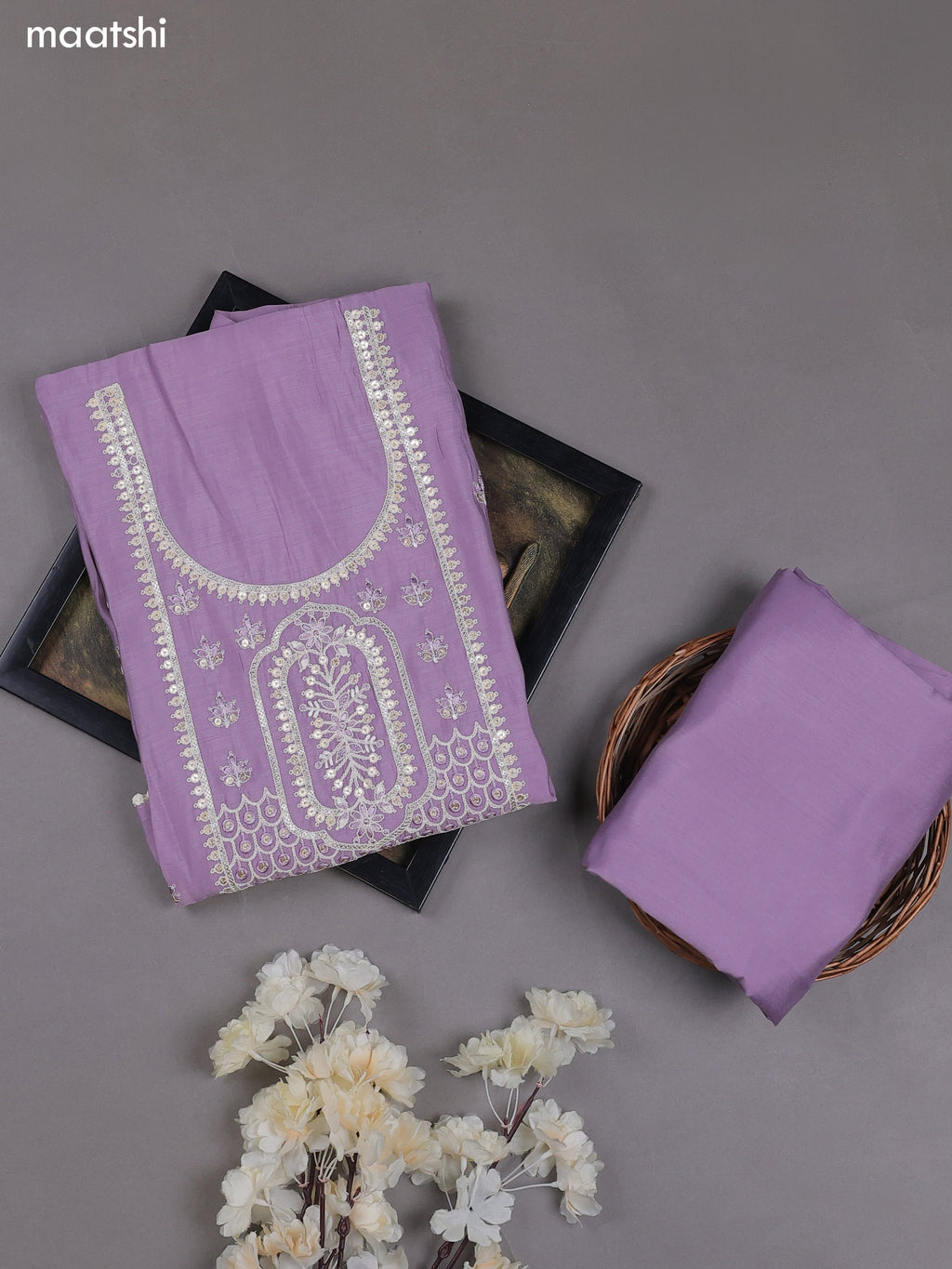 Lavender Mul Chanderi Dress Materials With Floral Embroidery Work Neck Pattern