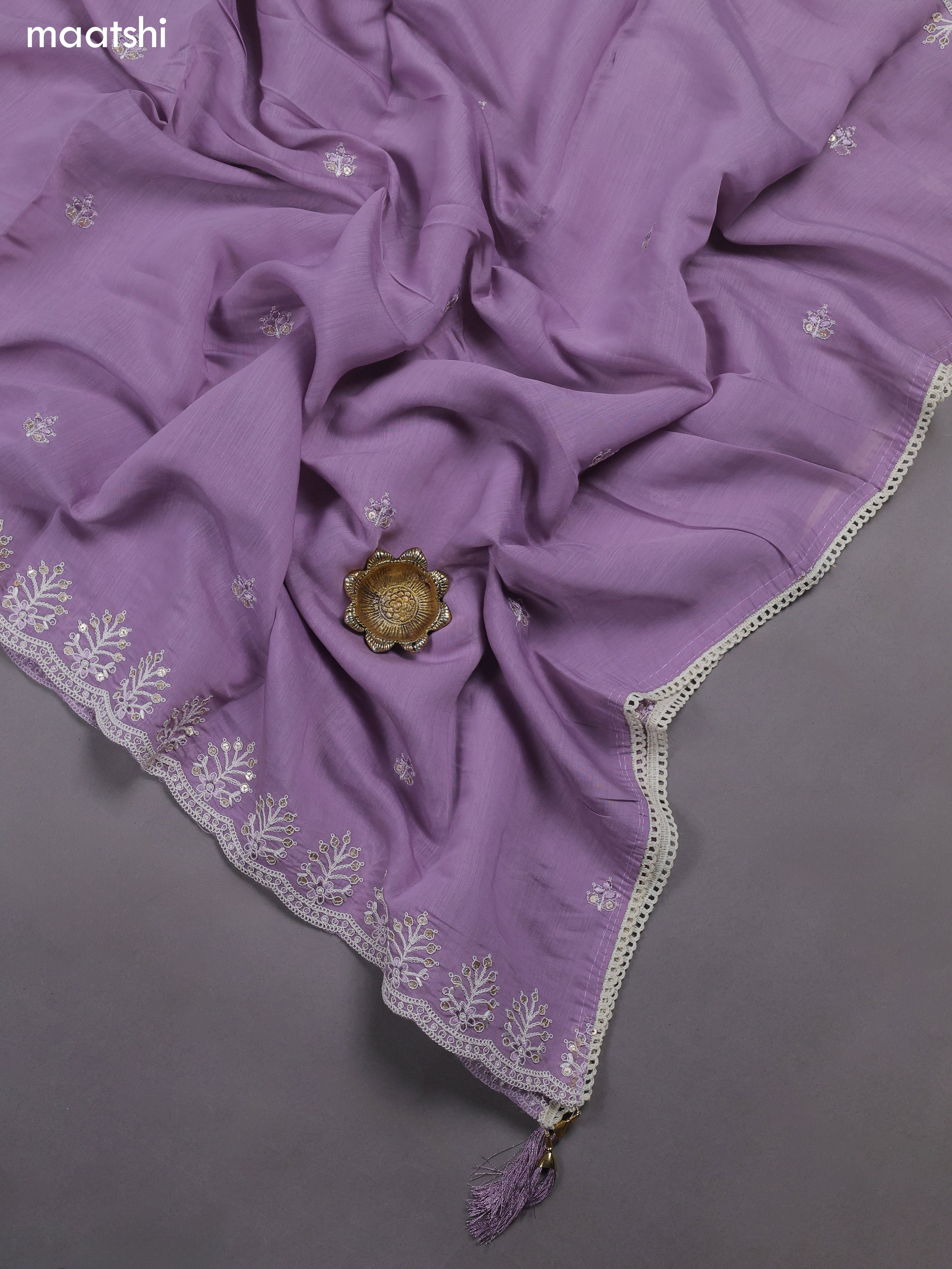 Lavender Mul Chanderi Dress Materials With Floral Embroidery Work Neck Pattern
