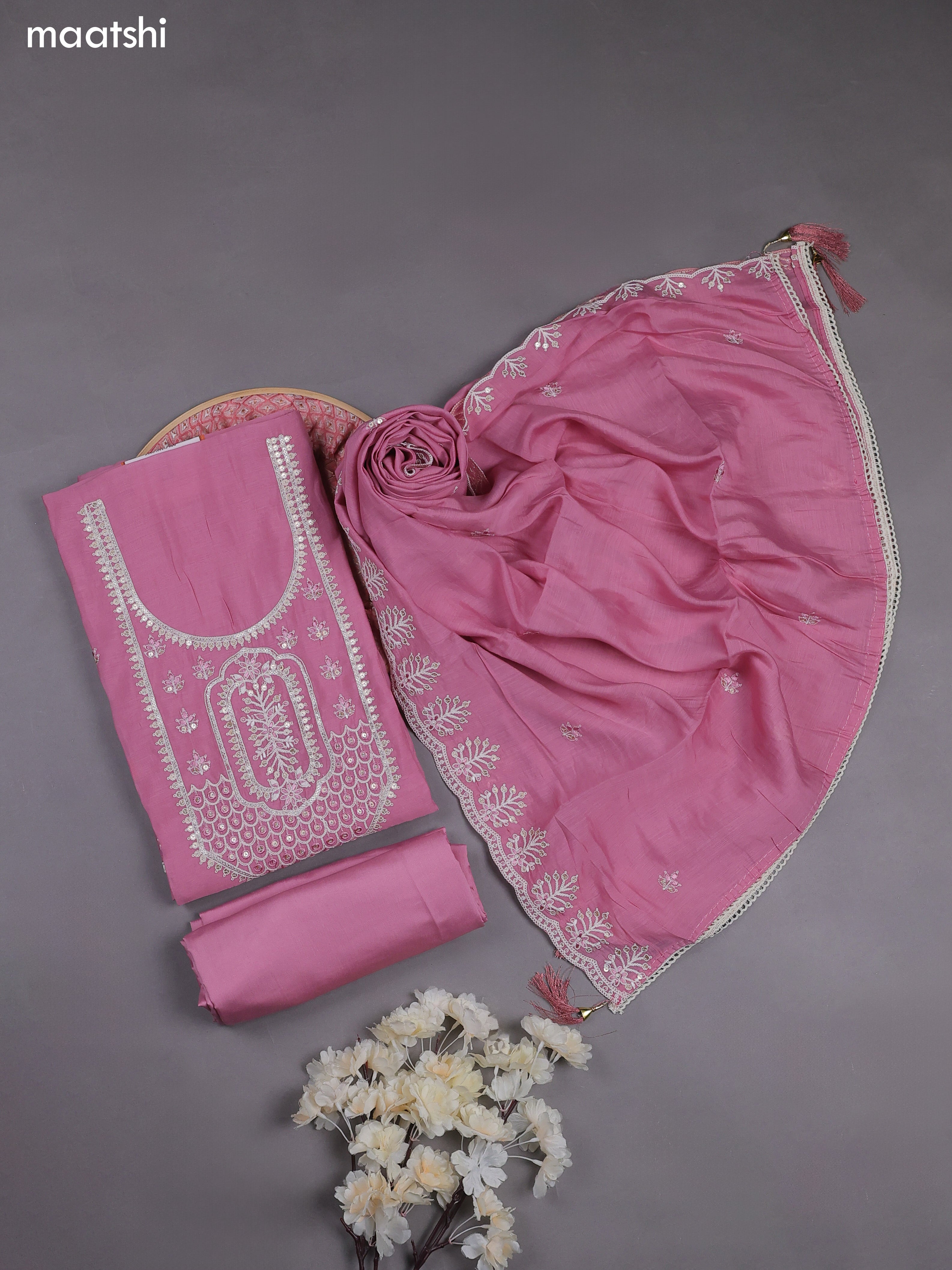 Pink Mul Chanderi Dress Materials With Floral Embroidery Work Neck Pattern