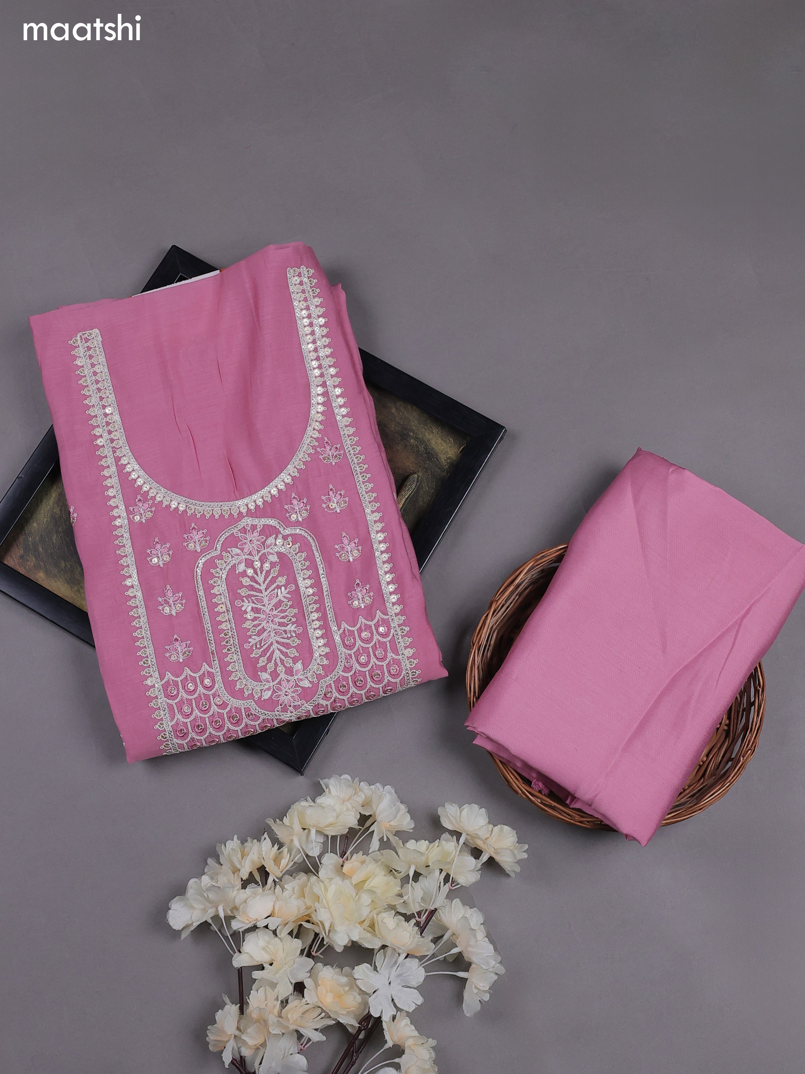 Pink Mul Chanderi Dress Materials With Floral Embroidery Work Neck Pattern