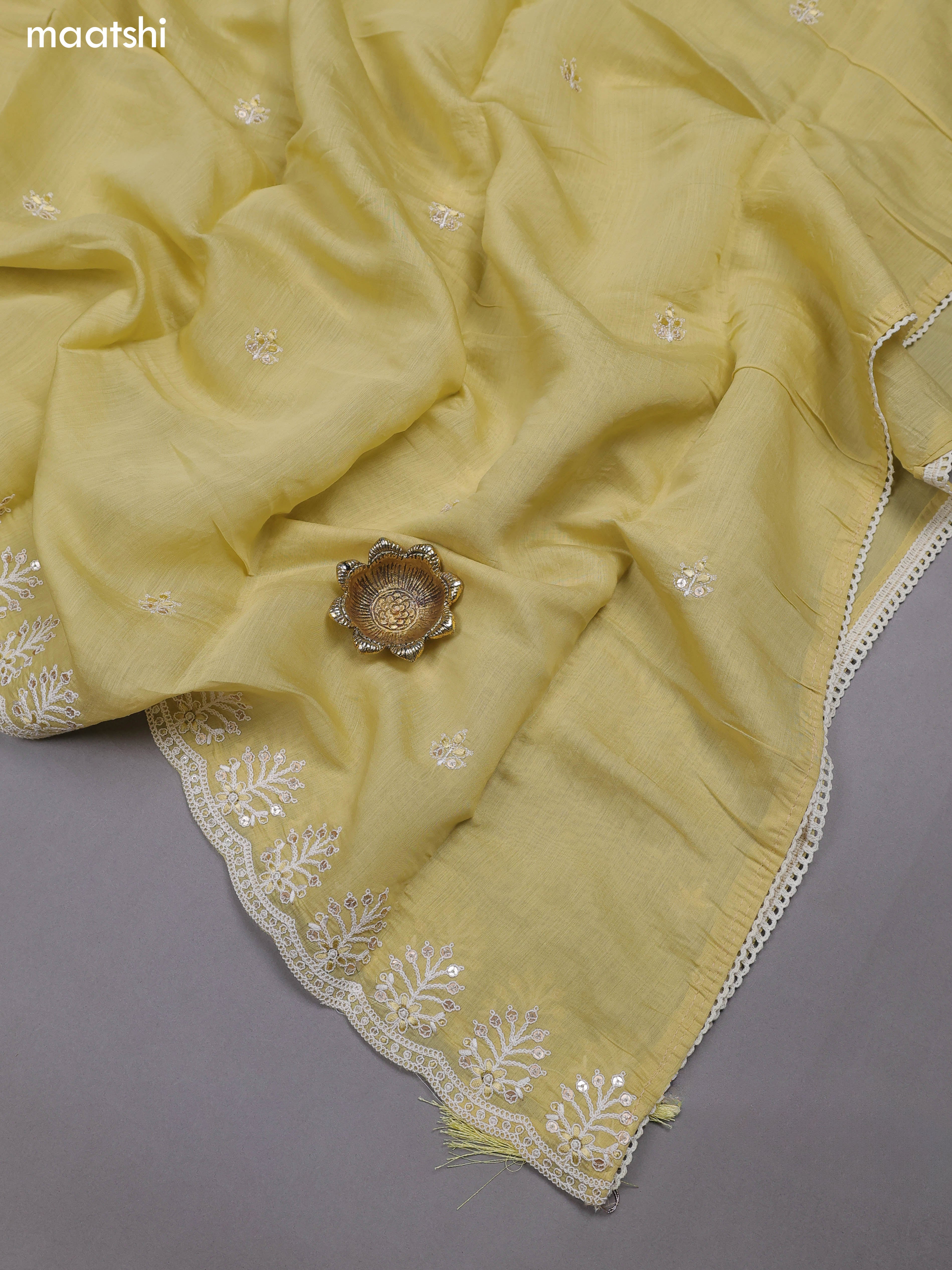 Pale Yellow Mul Chanderi Dress Materials With Floral Embroidery Work Neck Pattern