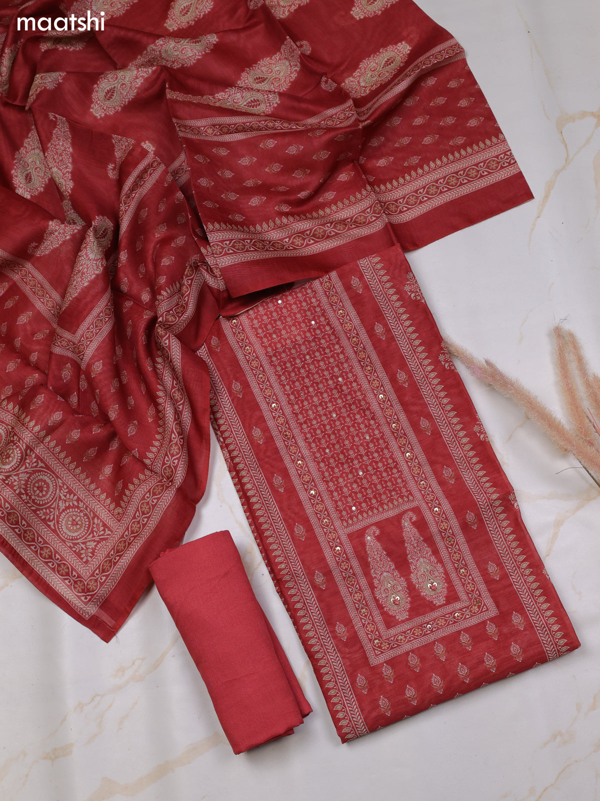 Dark Rust Chanderi Dress Material With Floral Prints and Bottom & Dupatta