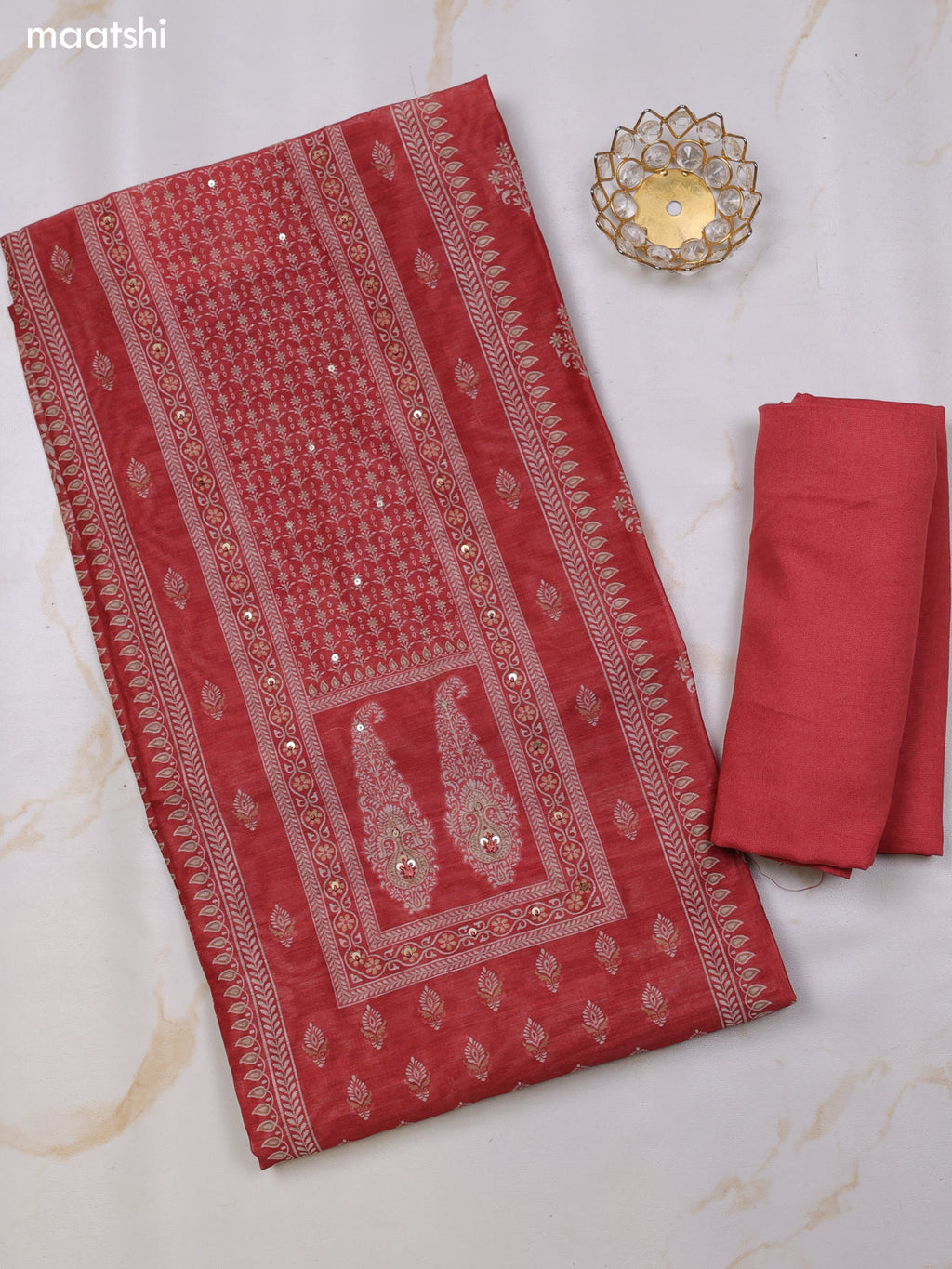 Dark Rust Chanderi Dress Material With Floral Prints and Bottom & Dupatta