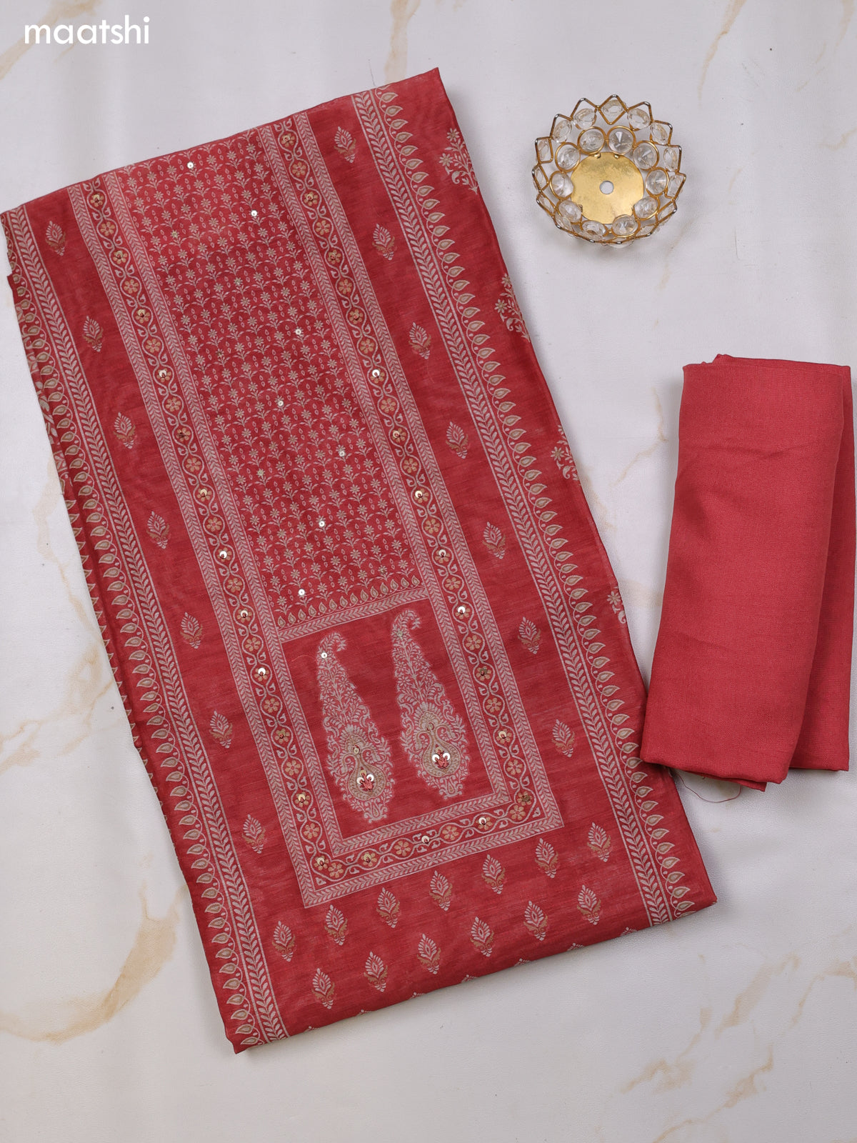 Dark Rust Chanderi Dress Material With Floral Prints and Bottom & Dupatta