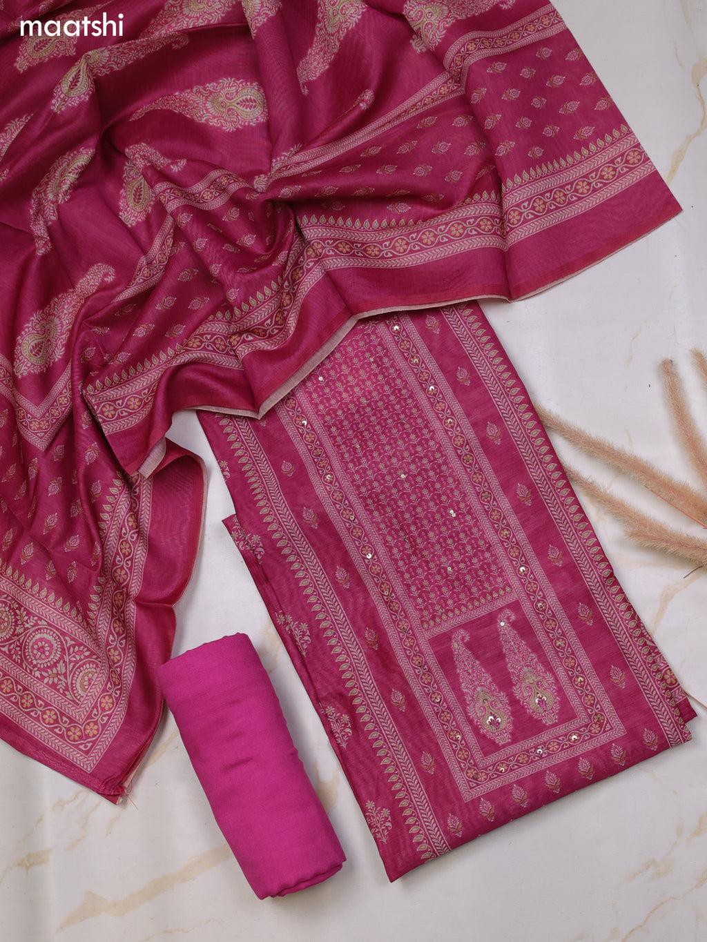 Magenta Pink Chanderi Dress Material With Floral Prints and Bottom & Dupatta