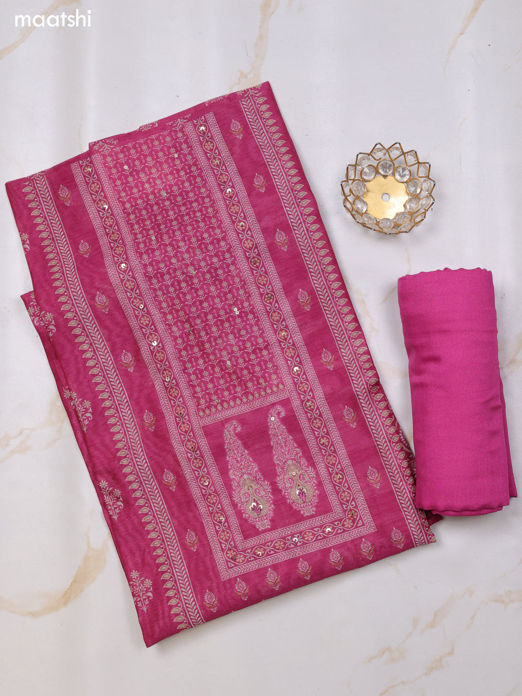 Magenta Pink Chanderi Dress Material With Floral Prints and Bottom & Dupatta