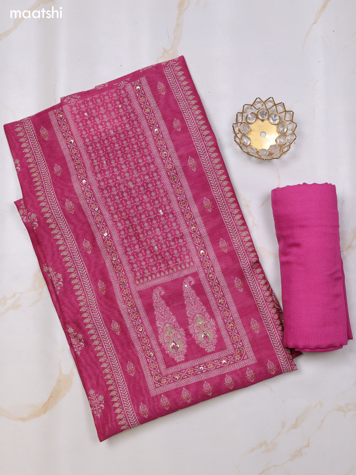 Magenta Pink Chanderi Dress Material With Floral Prints and Bottom & Dupatta