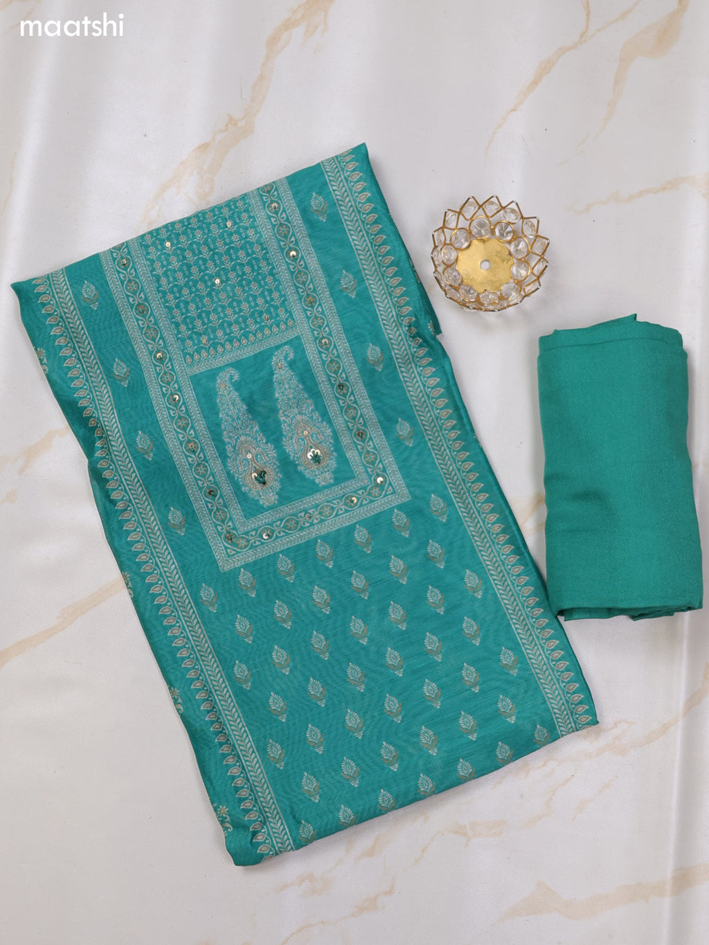 Teal Green Chanderi Dress Material With Floral Prints and Bottom & Dupatta