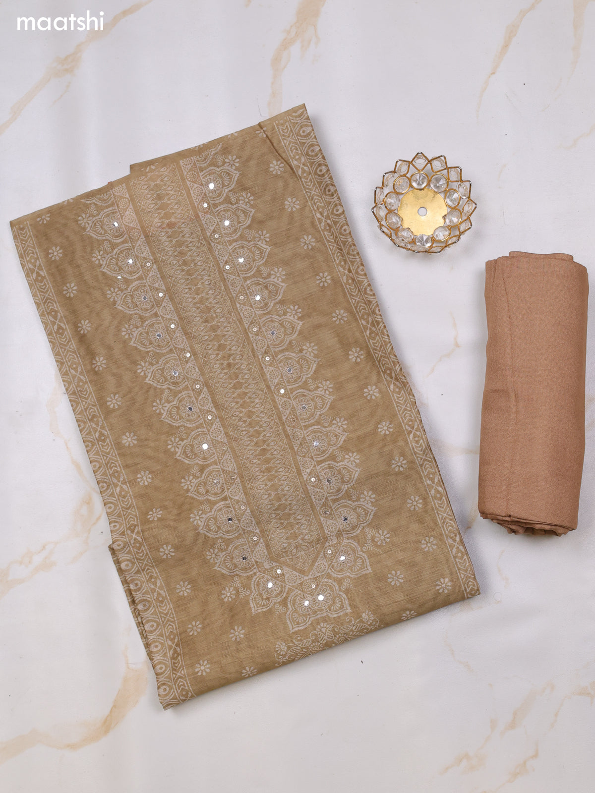 Dark Sandal Chanderi Dress Material With Floral Prints and Bottom & Dupatta