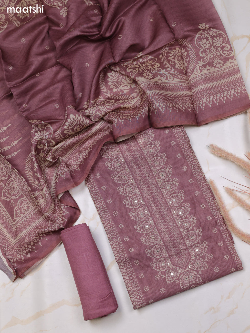 Rosy Brown Chanderi Dress Material With Floral Prints and Bottom & Dupatta