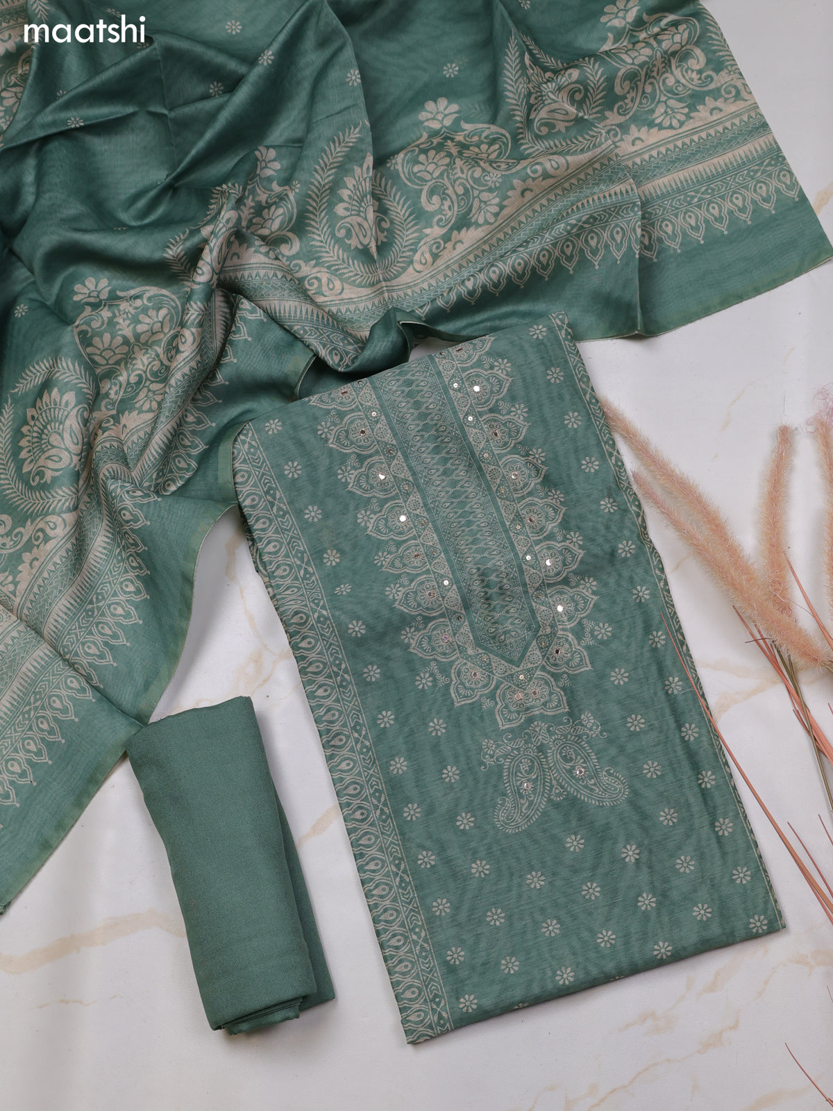 Pastel Green Chanderi Dress Material With Floral Prints and Bottom & Dupatta