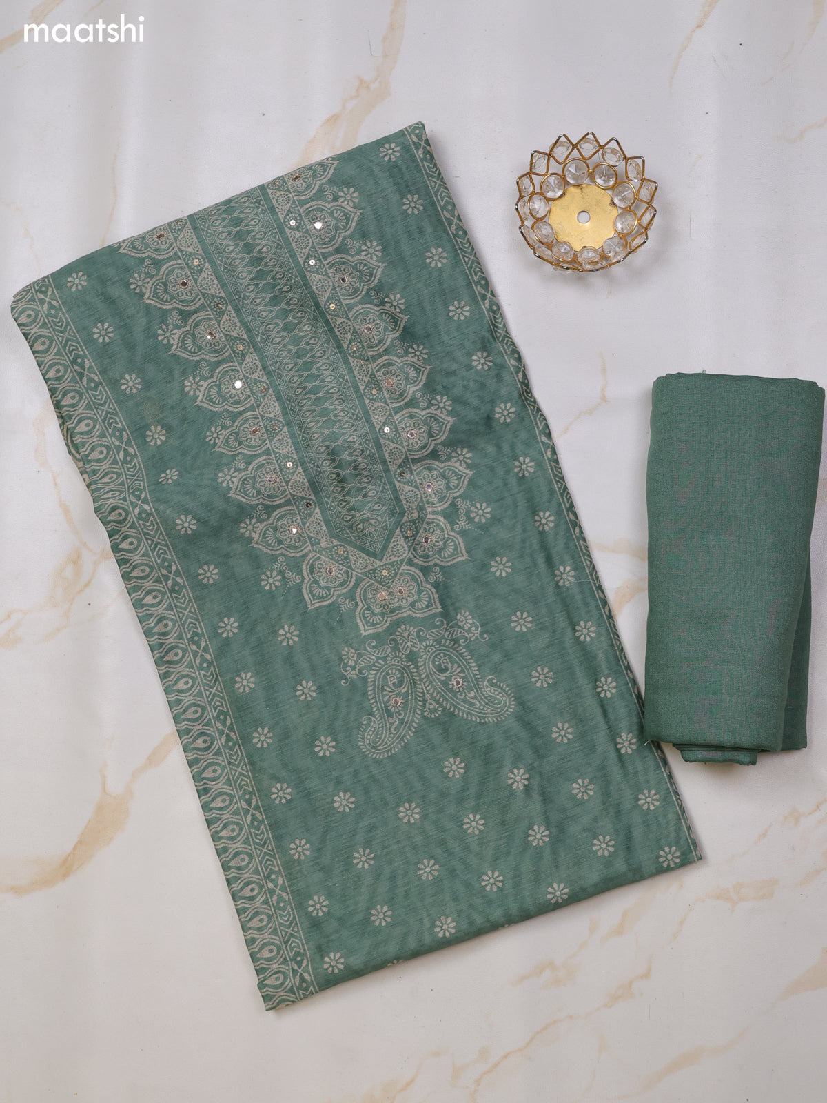 Pastel Green Chanderi Dress Material With Floral Prints and Bottom & Dupatta
