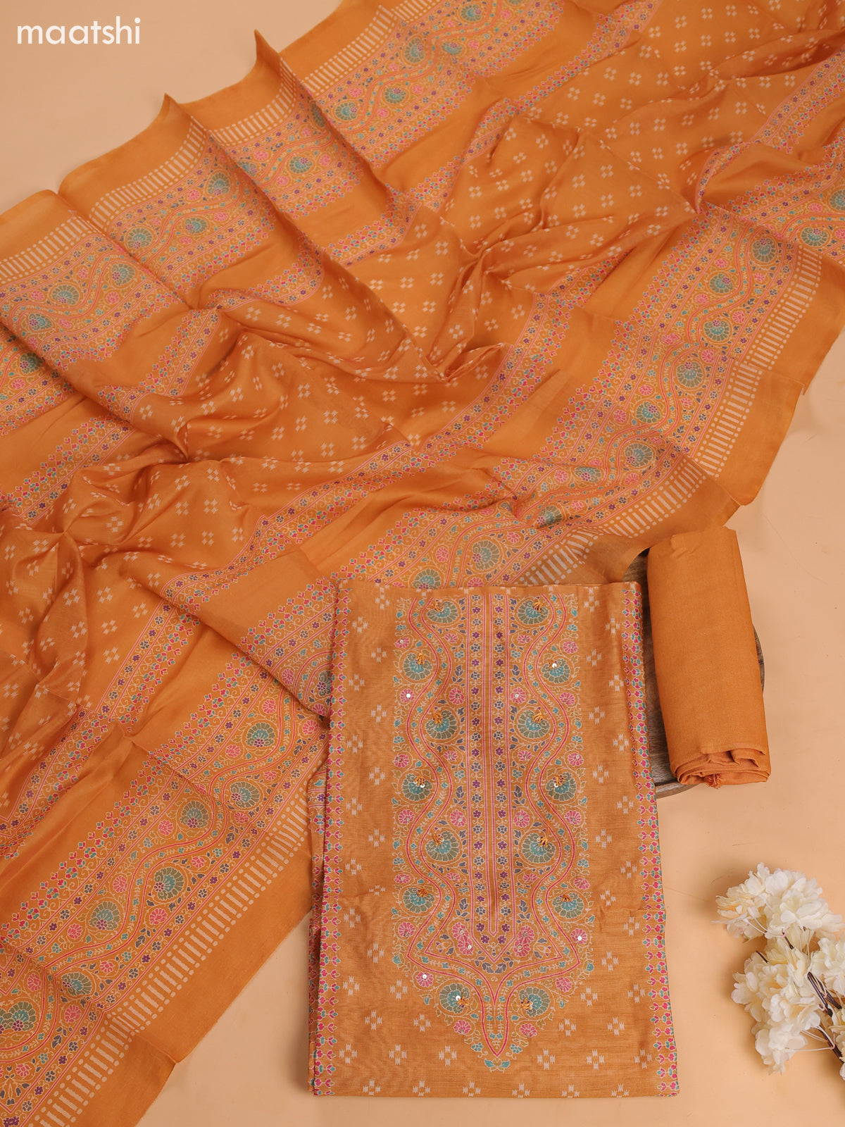 Dark Mustard Chanderi Dress Material With Prints & Embroidery Work and Bottom & Dupatta