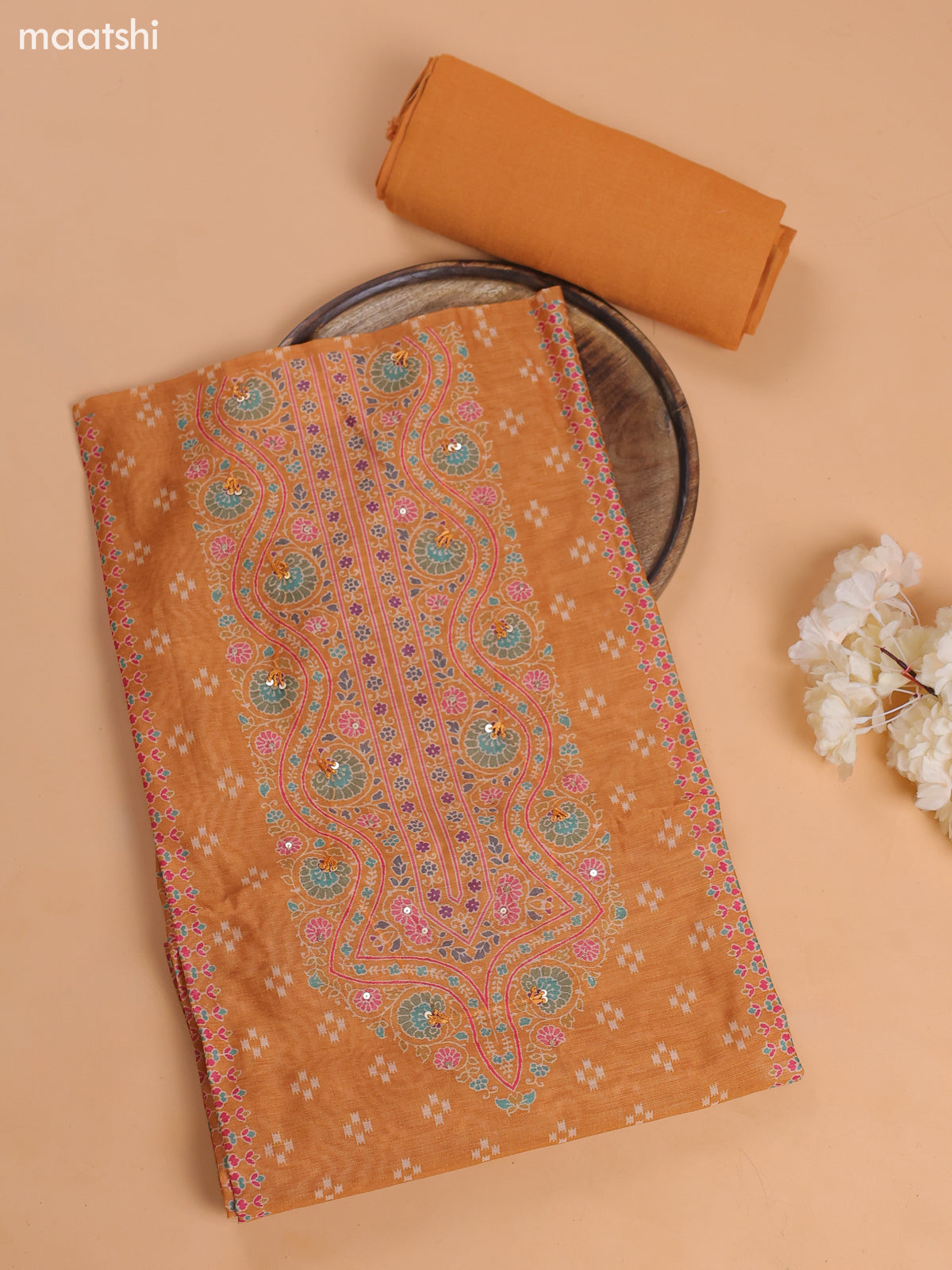 Dark Mustard Chanderi Dress Material With Prints & Embroidery Work and Bottom & Dupatta