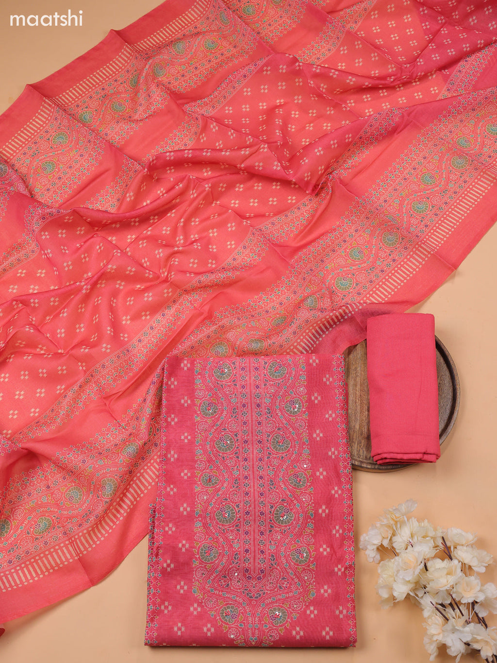 Mauve Pink Chanderi Dress Material With Prints & Embroidery Work and Bottom & Dupatta