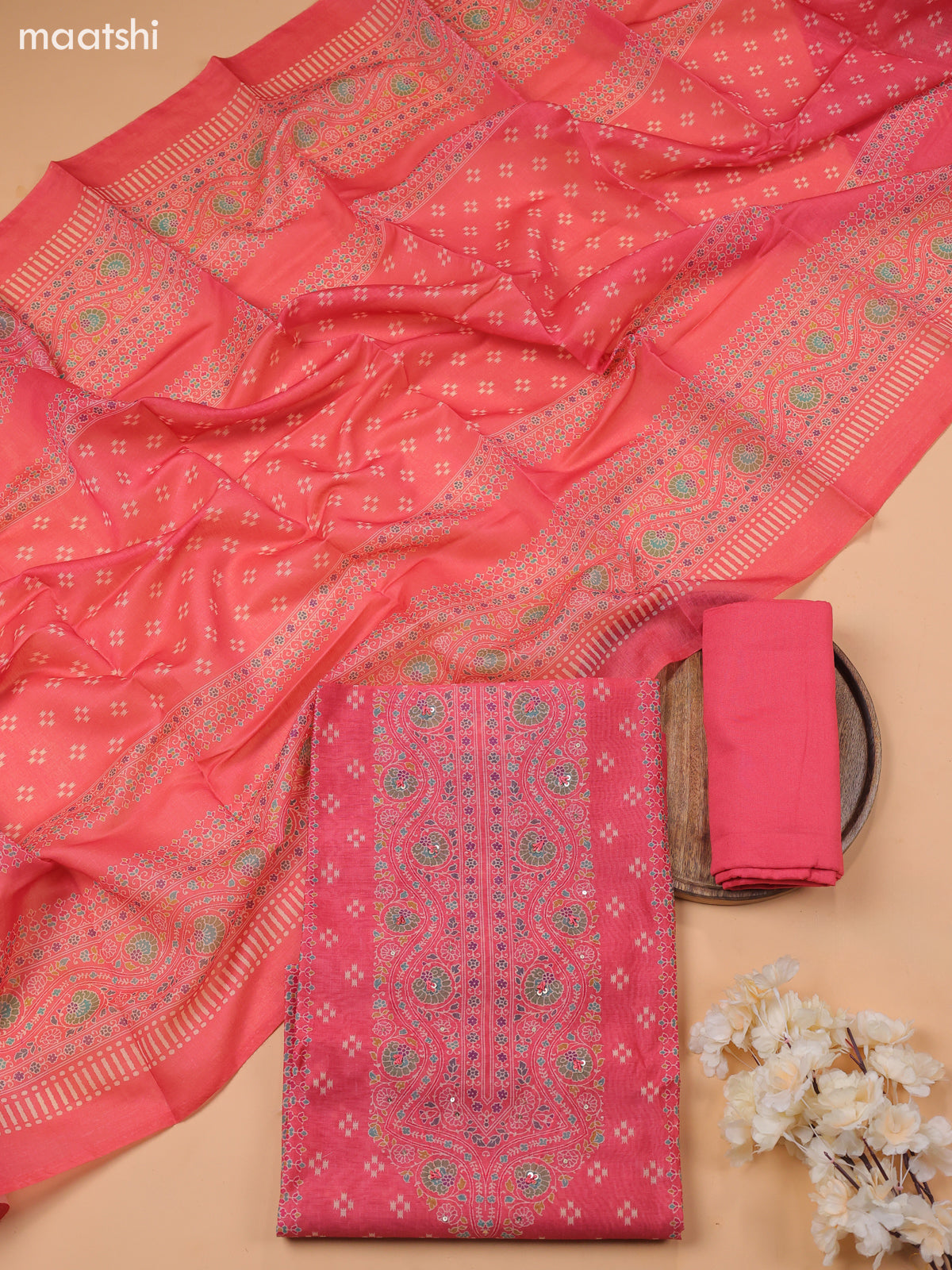 Mauve Pink Chanderi Dress Material With Prints & Embroidery Work and Bottom & Dupatta