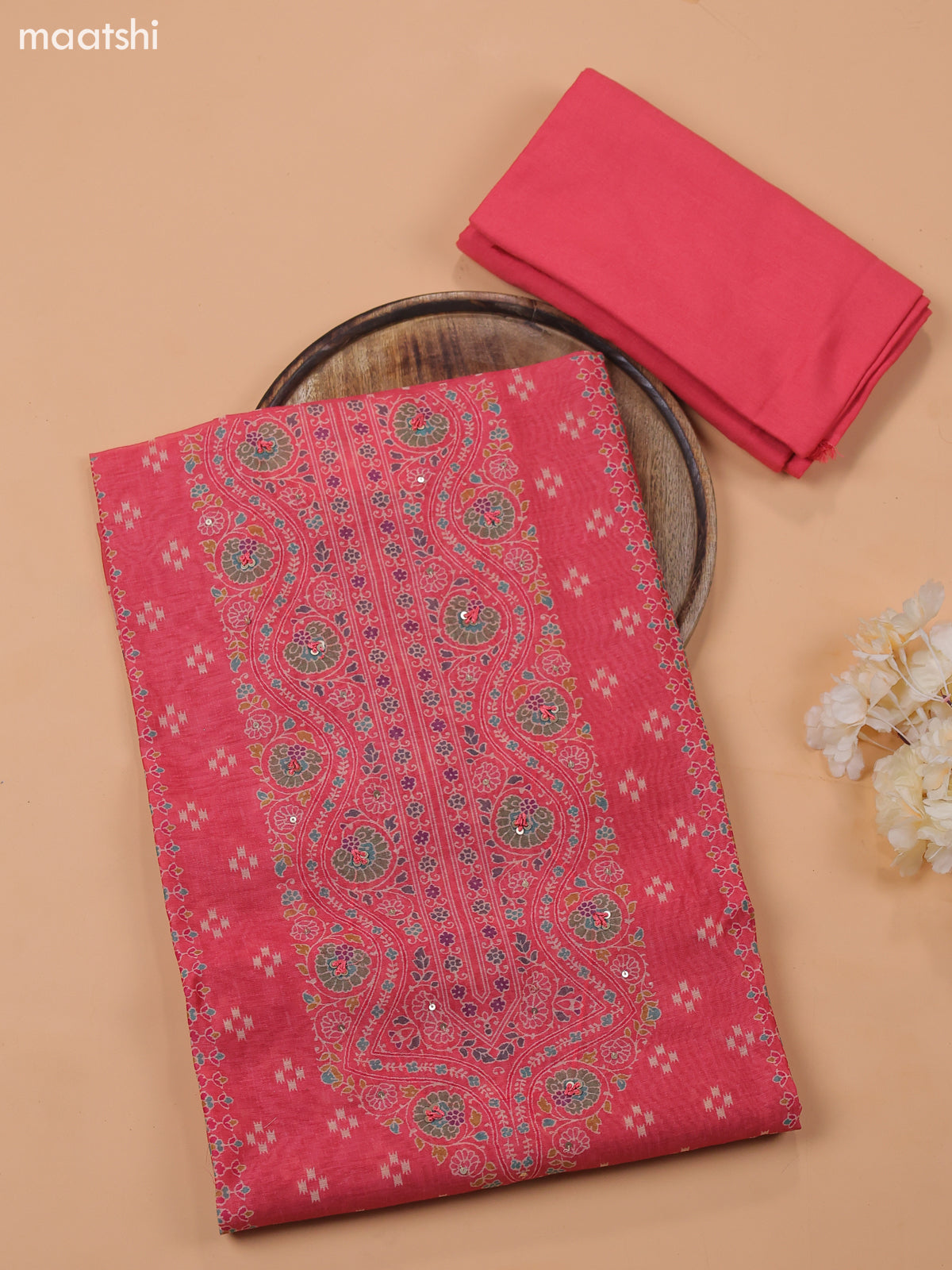 Mauve Pink Chanderi Dress Material With Prints & Embroidery Work and Bottom & Dupatta