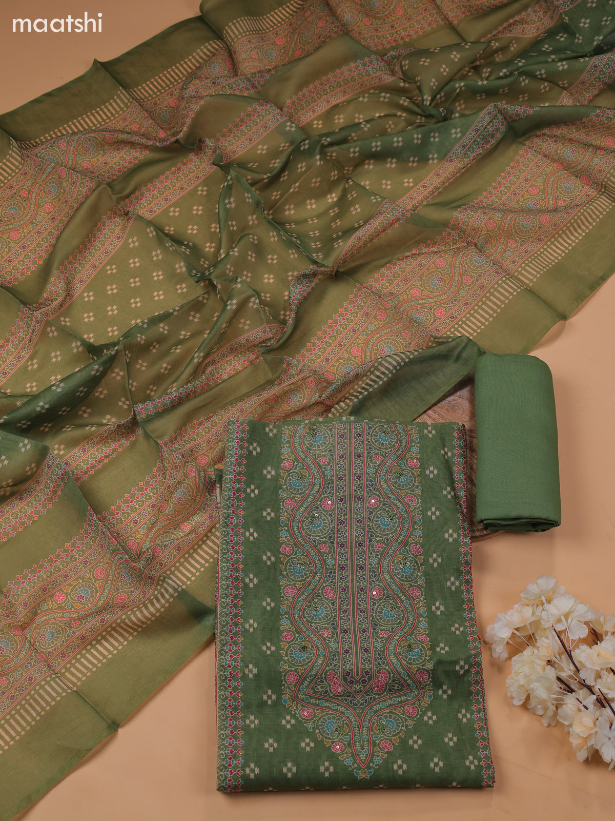 Green Chanderi Dress Material With Prints & Embroidery Work and Bottom & Dupatta