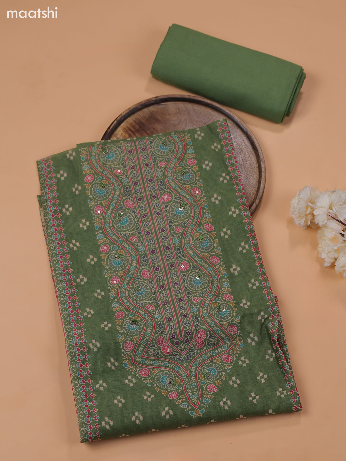 Green Chanderi Dress Material With Prints & Embroidery Work and Bottom & Dupatta