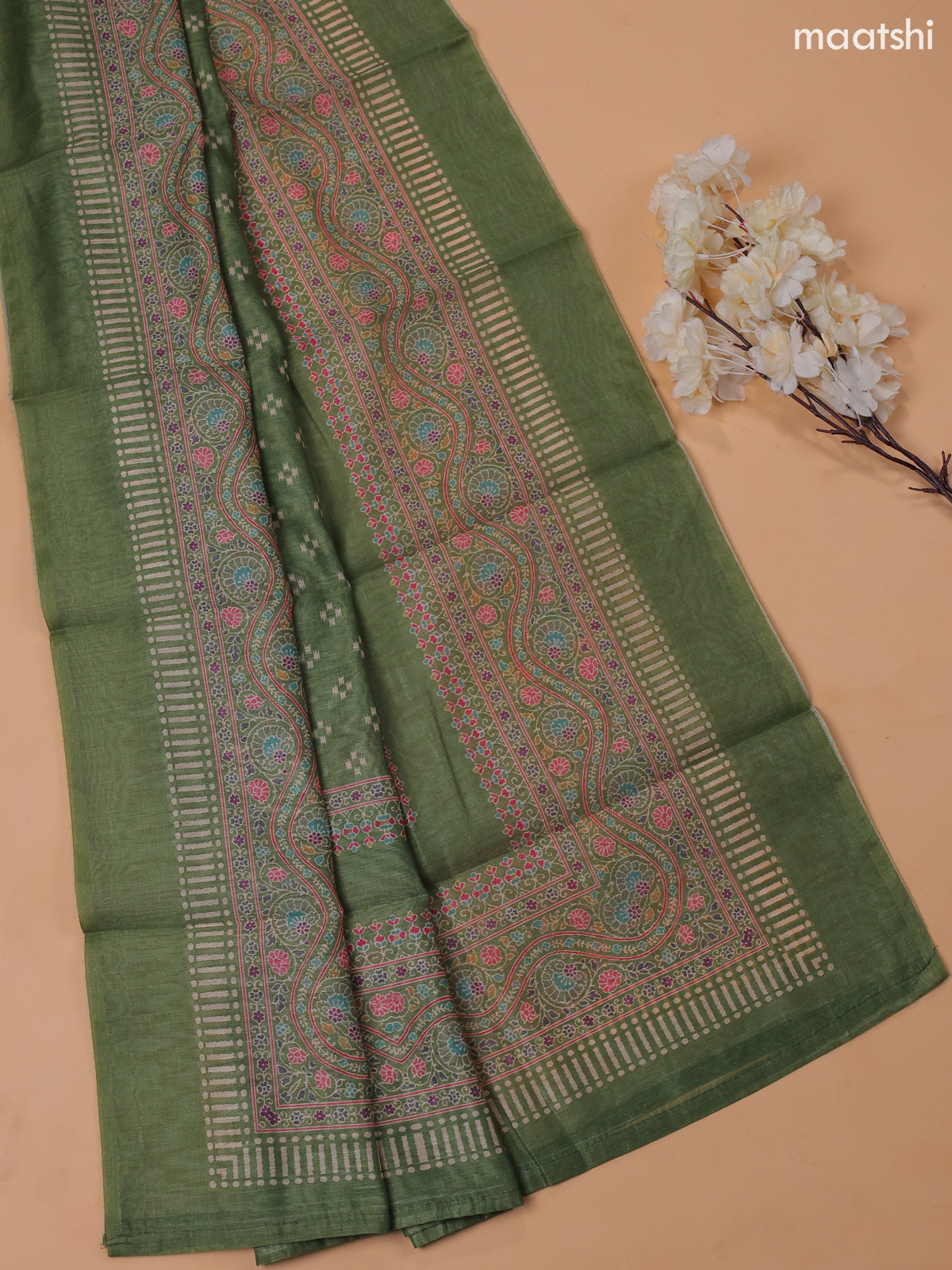 Green Chanderi Dress Material With Prints & Embroidery Work and Bottom & Dupatta
