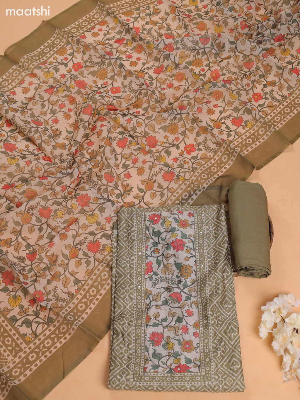Mehendi Green Chanderi Dress Material With Prints & Embroidery Work and Bottom & Dupatta