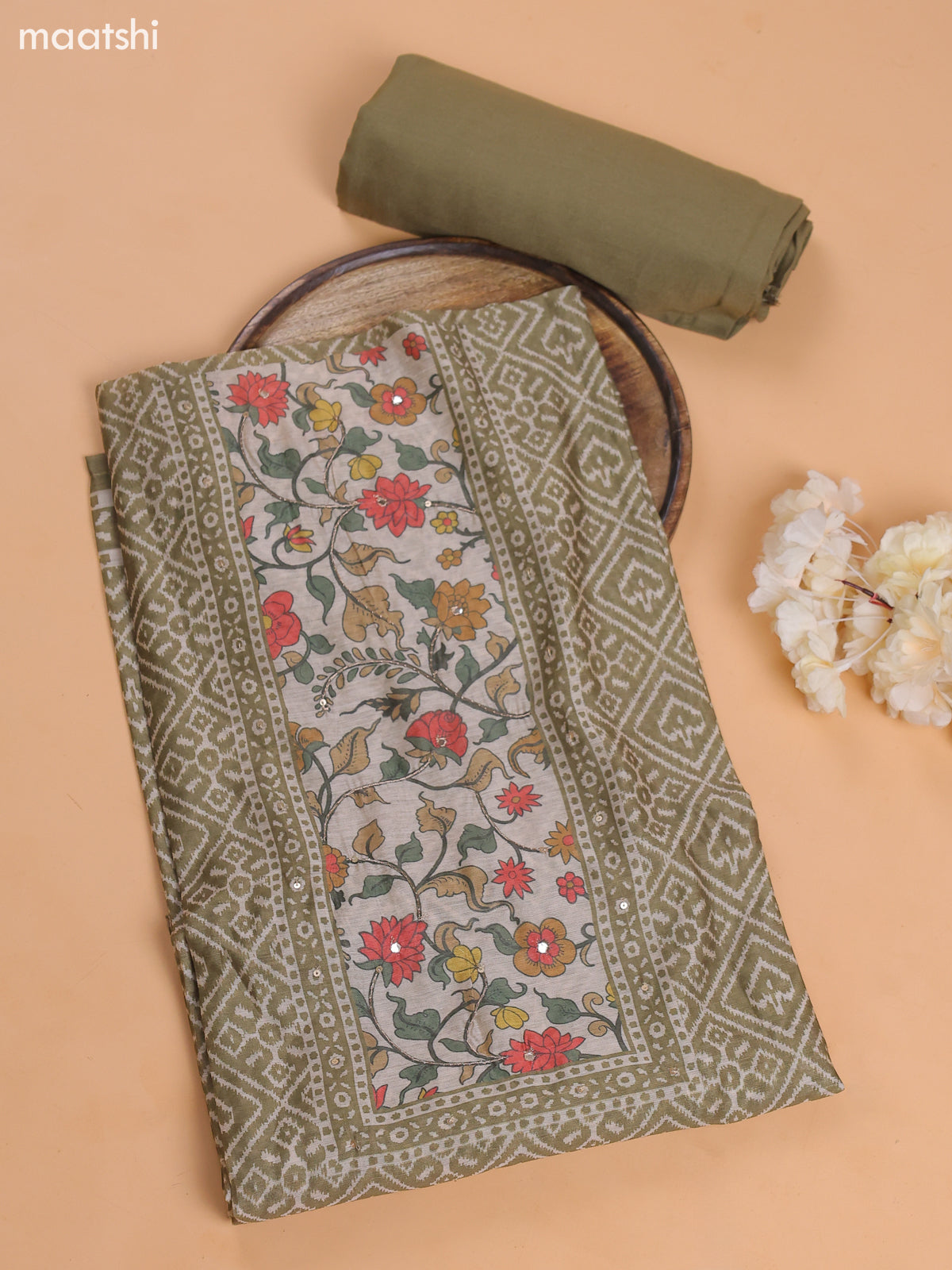 Mehendi Green Chanderi Dress Material With Prints & Embroidery Work and Bottom & Dupatta