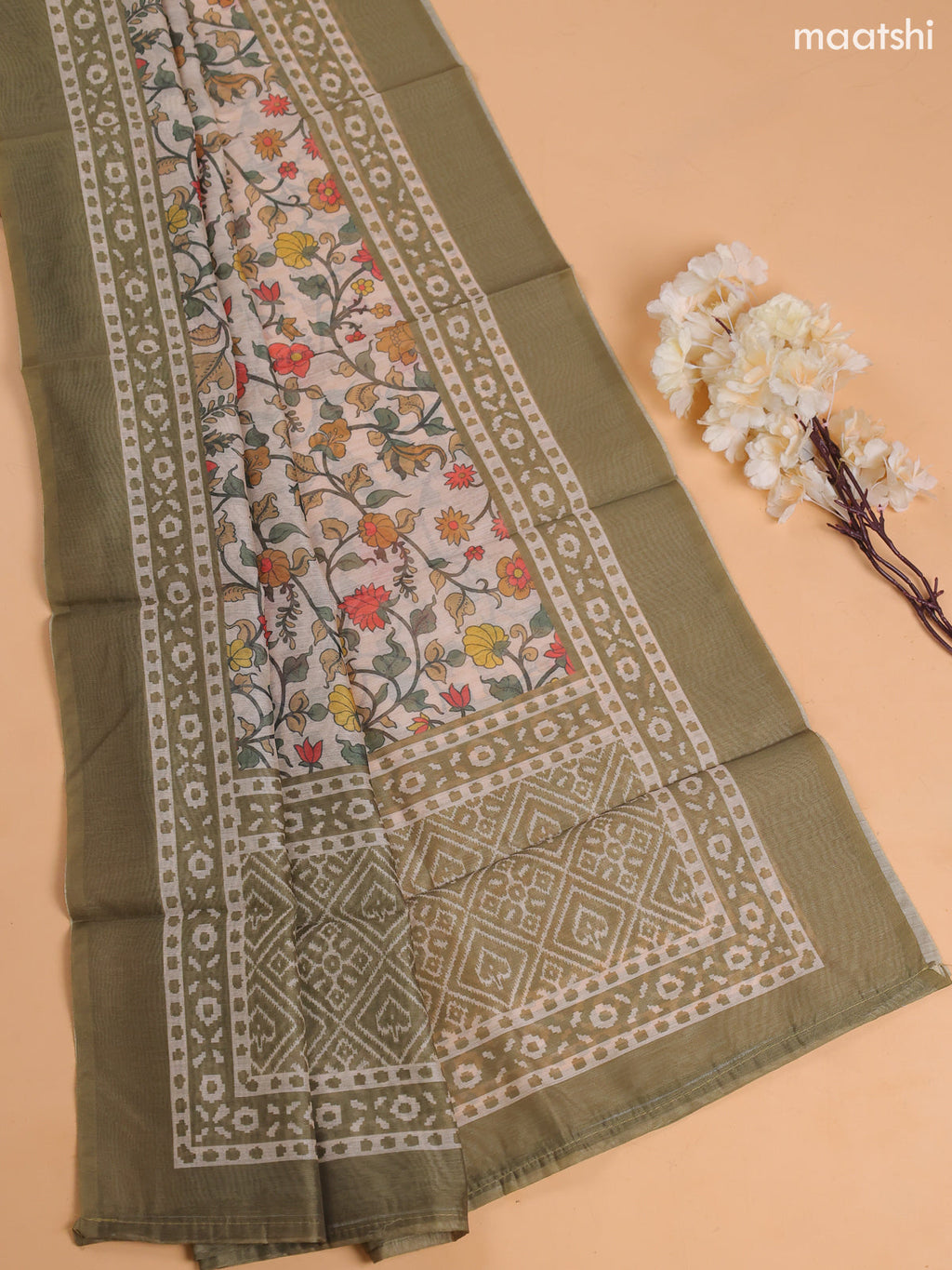 Mehendi Green Chanderi Dress Material With Prints & Embroidery Work and Bottom & Dupatta
