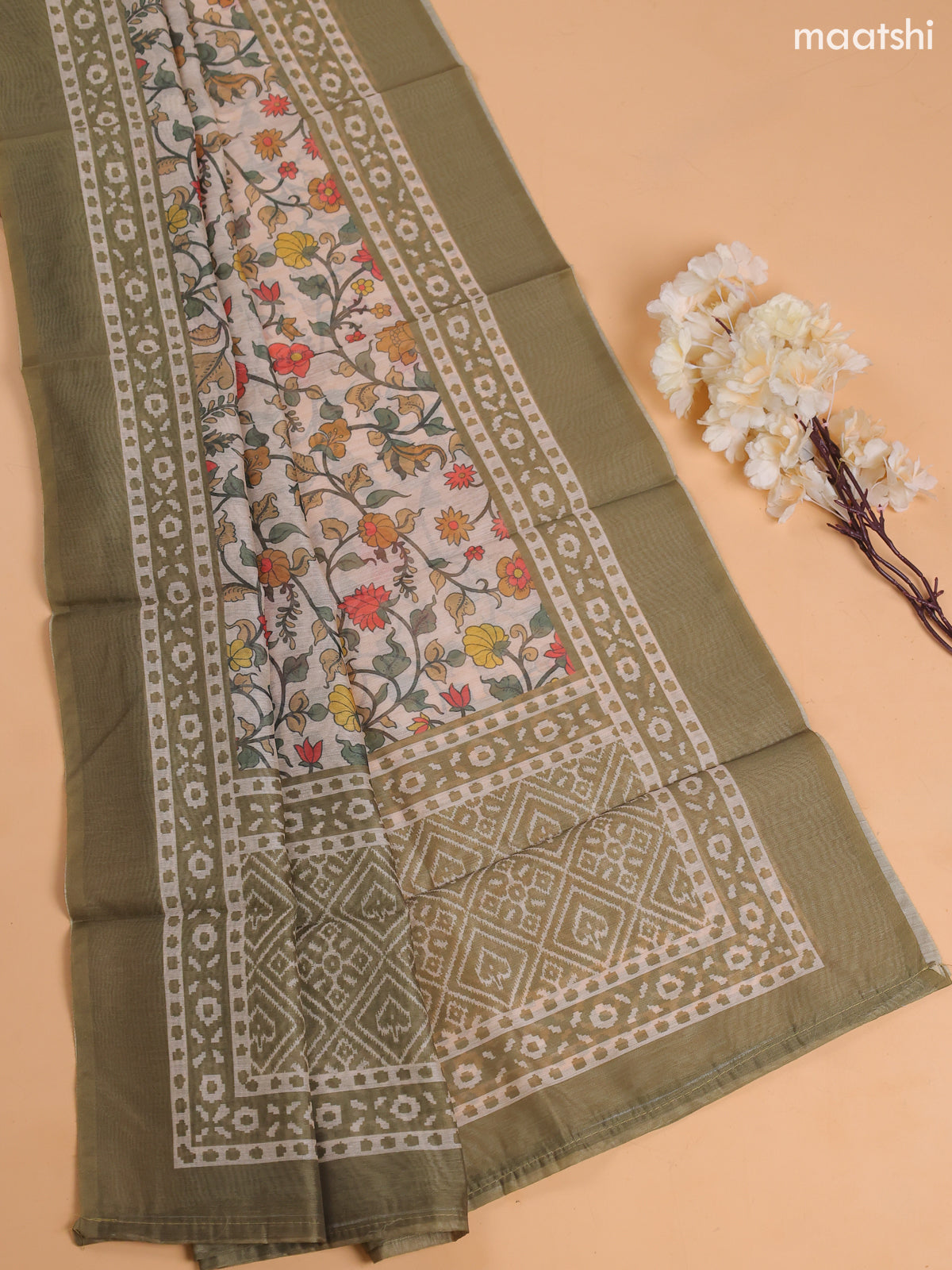 Mehendi Green Chanderi Dress Material With Prints & Embroidery Work and Bottom & Dupatta
