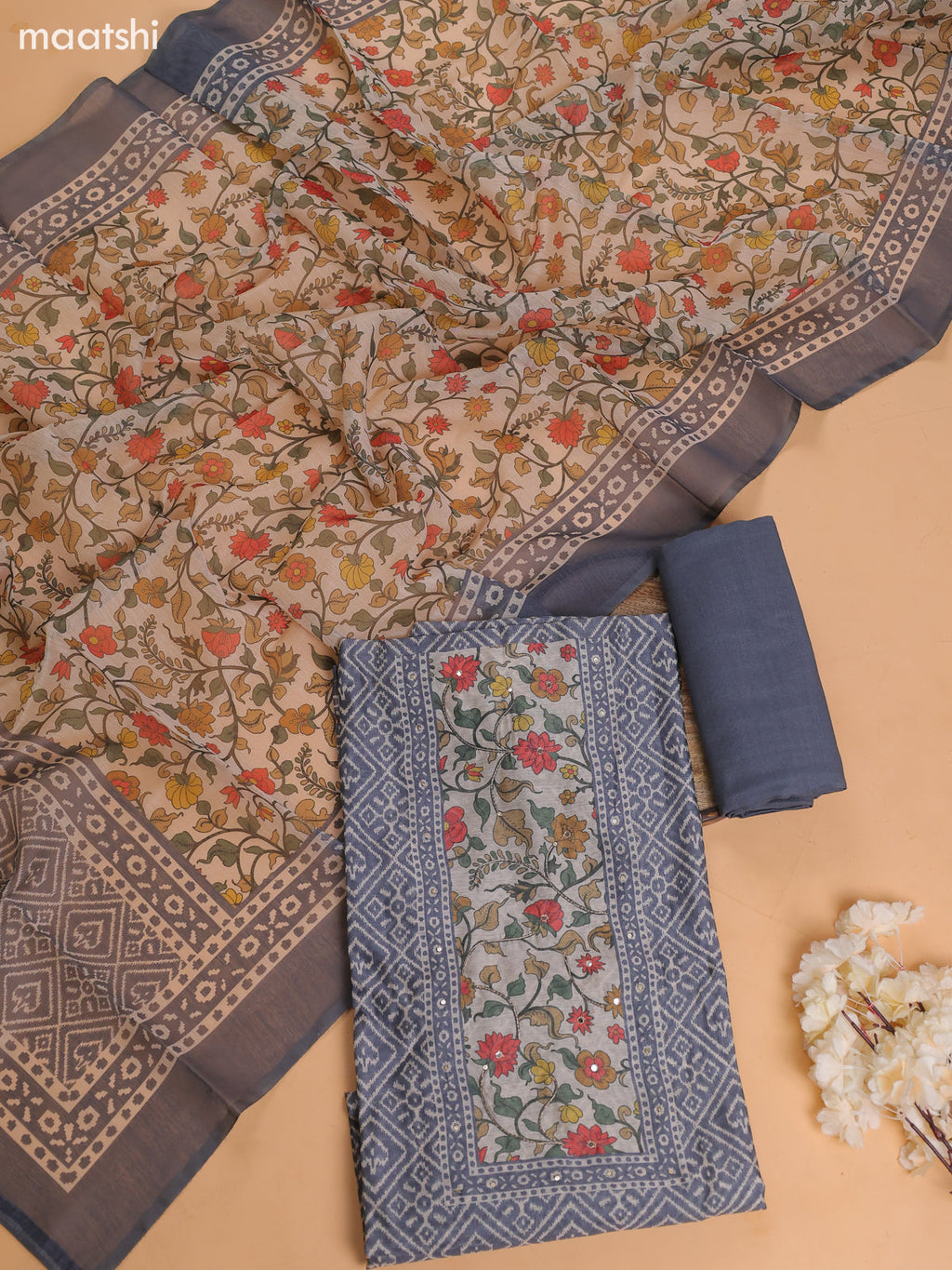 Grey Chanderi Dress Material With Prints & Embroidery Work and Bottom & Dupatta