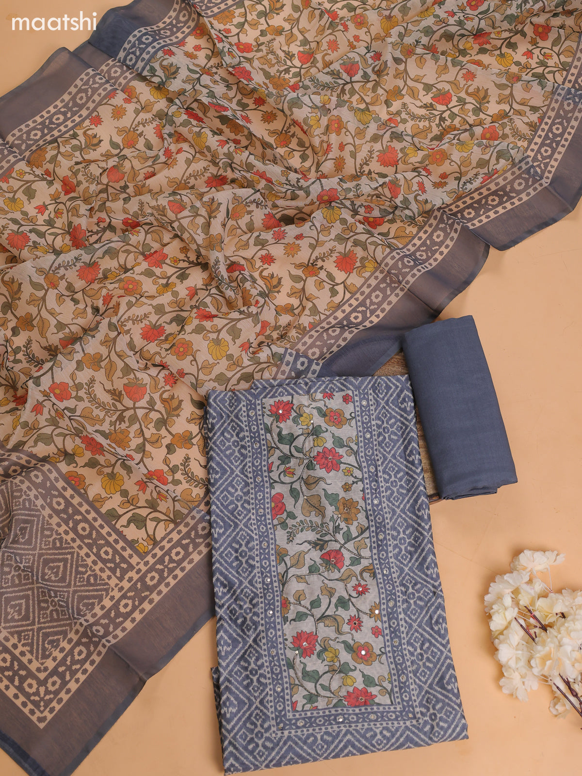 Grey Chanderi Dress Material With Prints & Embroidery Work and Bottom & Dupatta