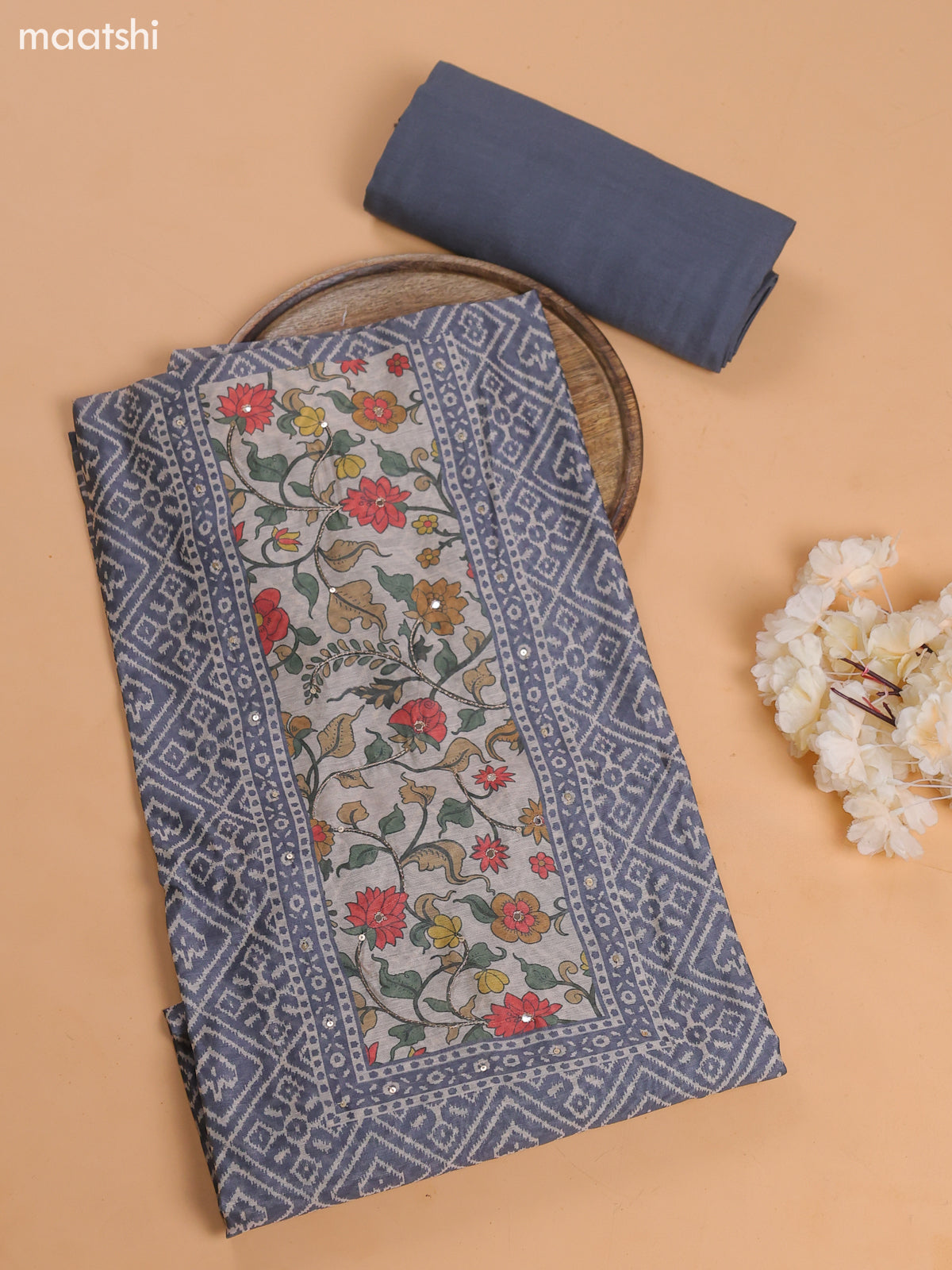 Grey Chanderi Dress Material With Prints & Embroidery Work and Bottom & Dupatta
