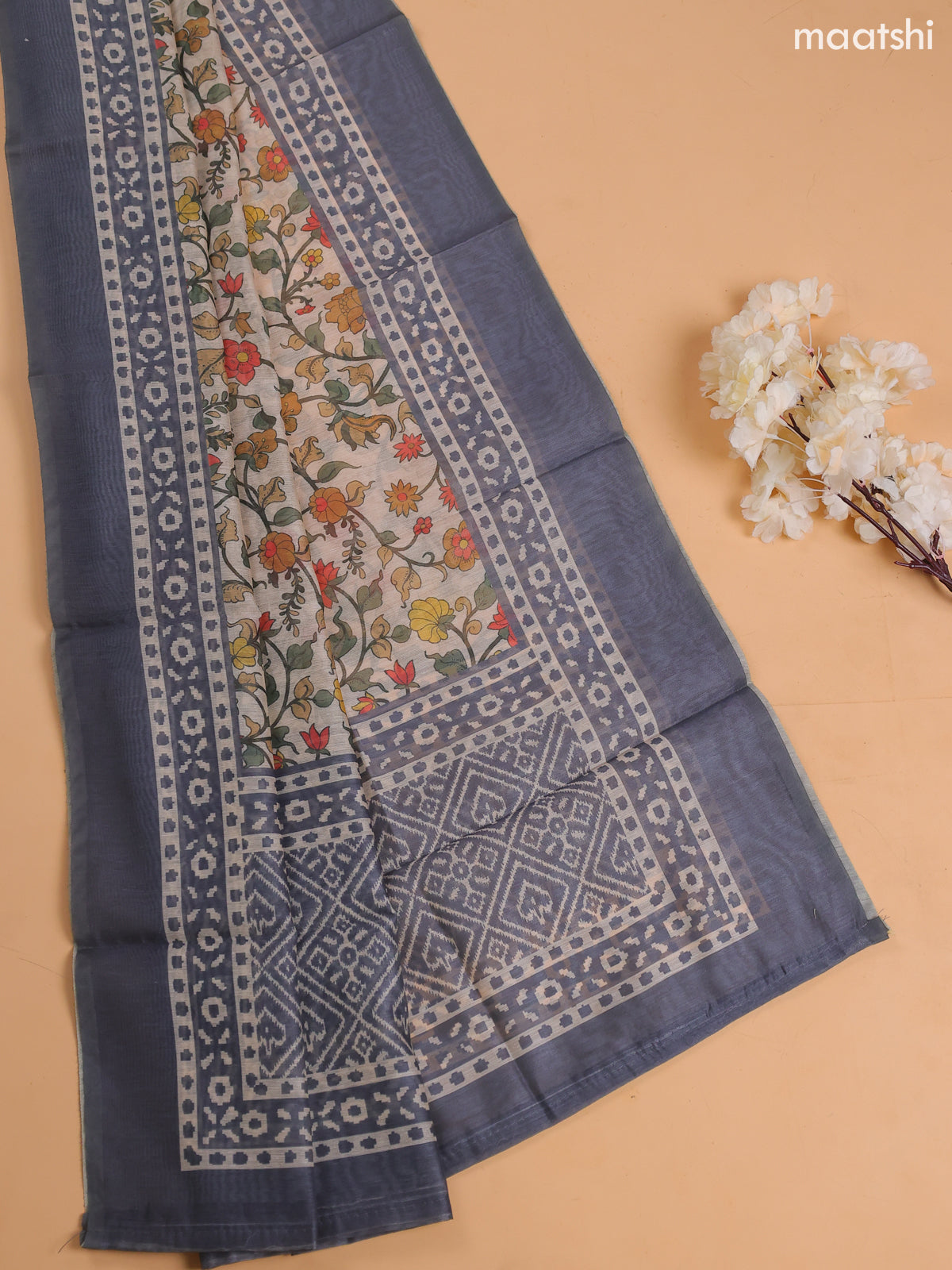 Grey Chanderi Dress Material With Prints & Embroidery Work and Bottom & Dupatta