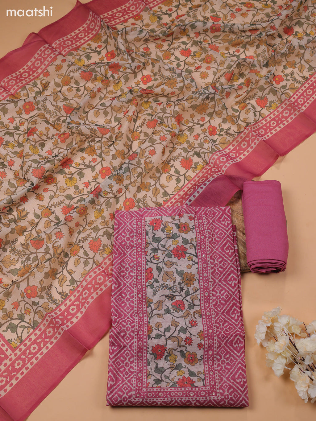 Mauve Pink Chanderi Dress Material With Prints & Embroidery Work and Bottom & Dupatta