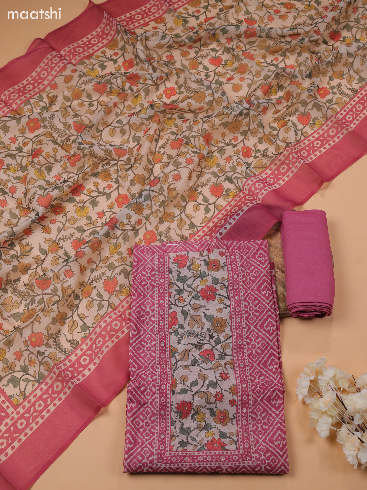 Mauve Pink Chanderi Dress Material With Prints & Embroidery Work and Bottom & Dupatta