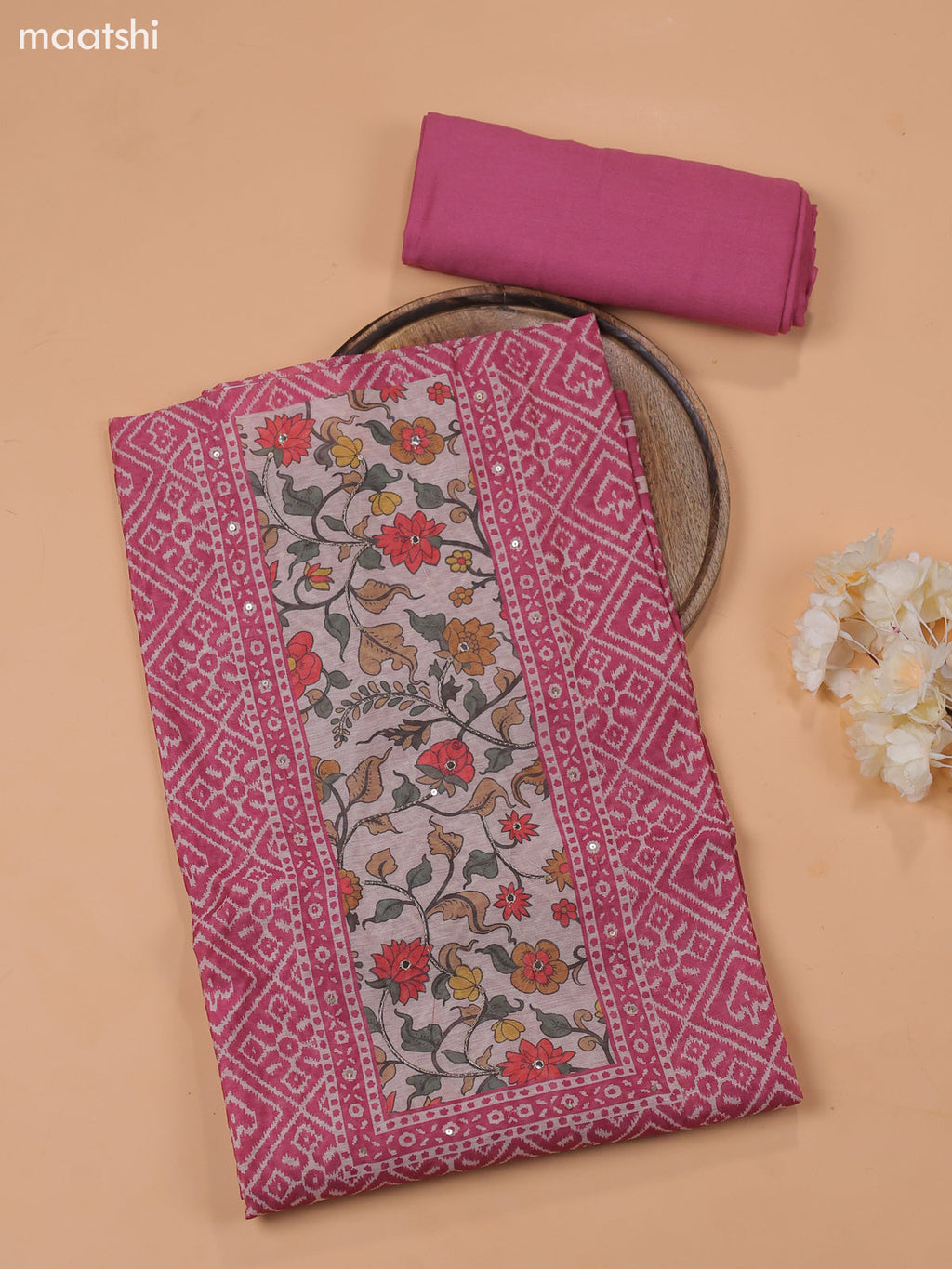 Mauve Pink Chanderi Dress Material With Prints & Embroidery Work and Bottom & Dupatta