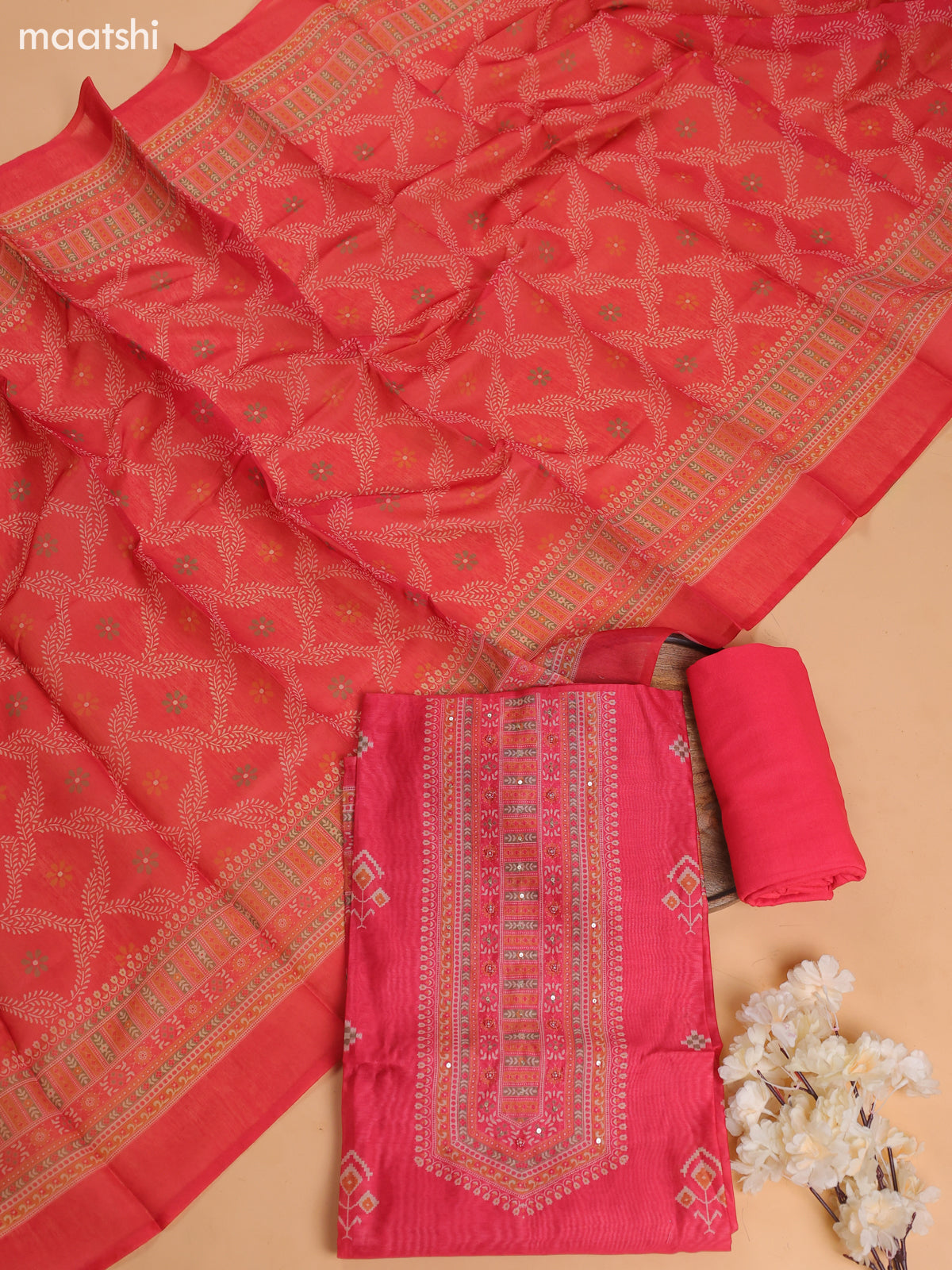Dark Pink Chanderi Dress Material With Floral Prints and Bottom & Dupatta