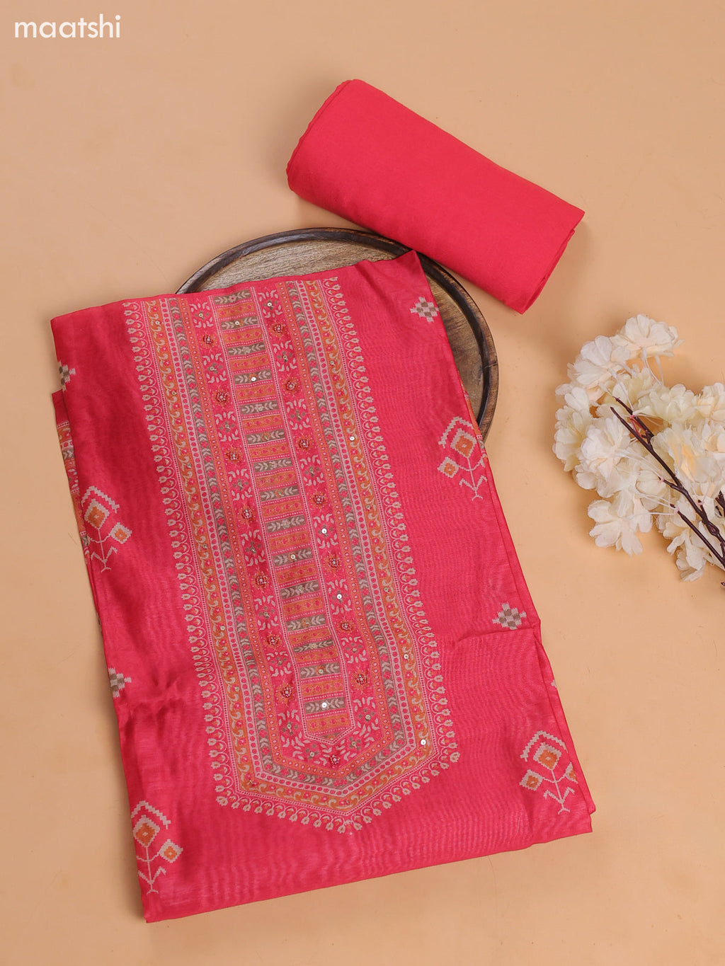 Dark Pink Chanderi Dress Material With Floral Prints and Bottom & Dupatta