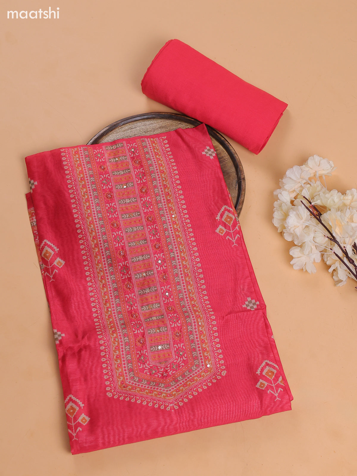 Dark Pink Chanderi Dress Material With Floral Prints and Bottom & Dupatta